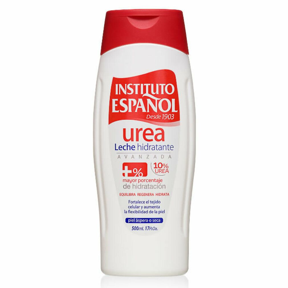 Flacone bianco con tappo rosso. Scritta: Instituto Español, Urea, Leche hidratante. Contiene 10% di urea. Per pelle secca.