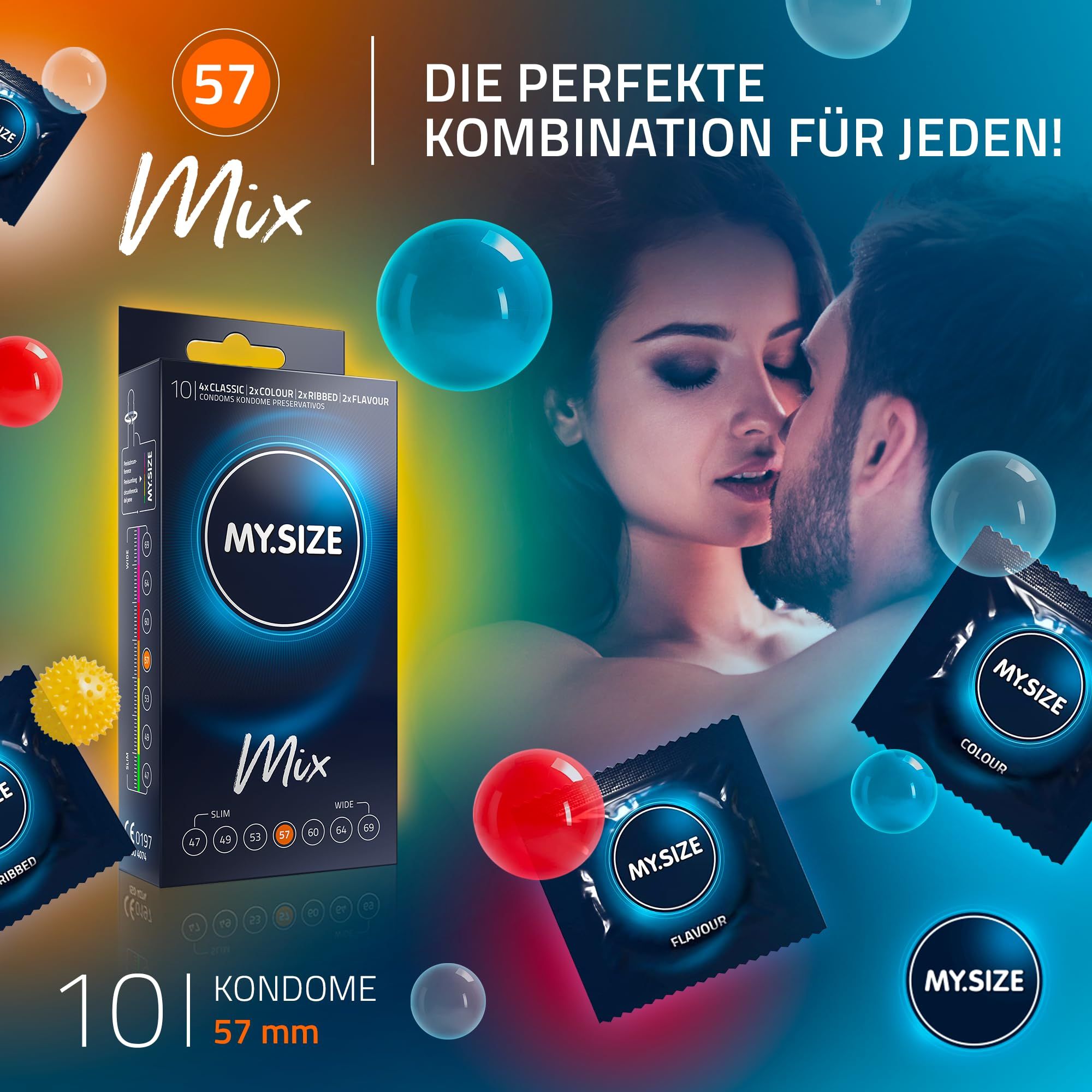 Confezione di preservativi MY.SIZE Mix con 10 preservativi, larghezza nominale 57 mm.