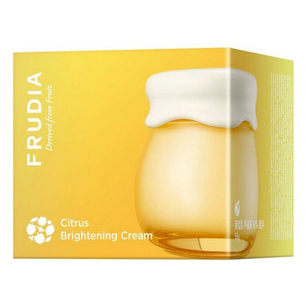 Crema gialla in vasetto con coperchio bianco in una scatola gialla. Scritta: FRUDIA Citrus Brightening Cream.