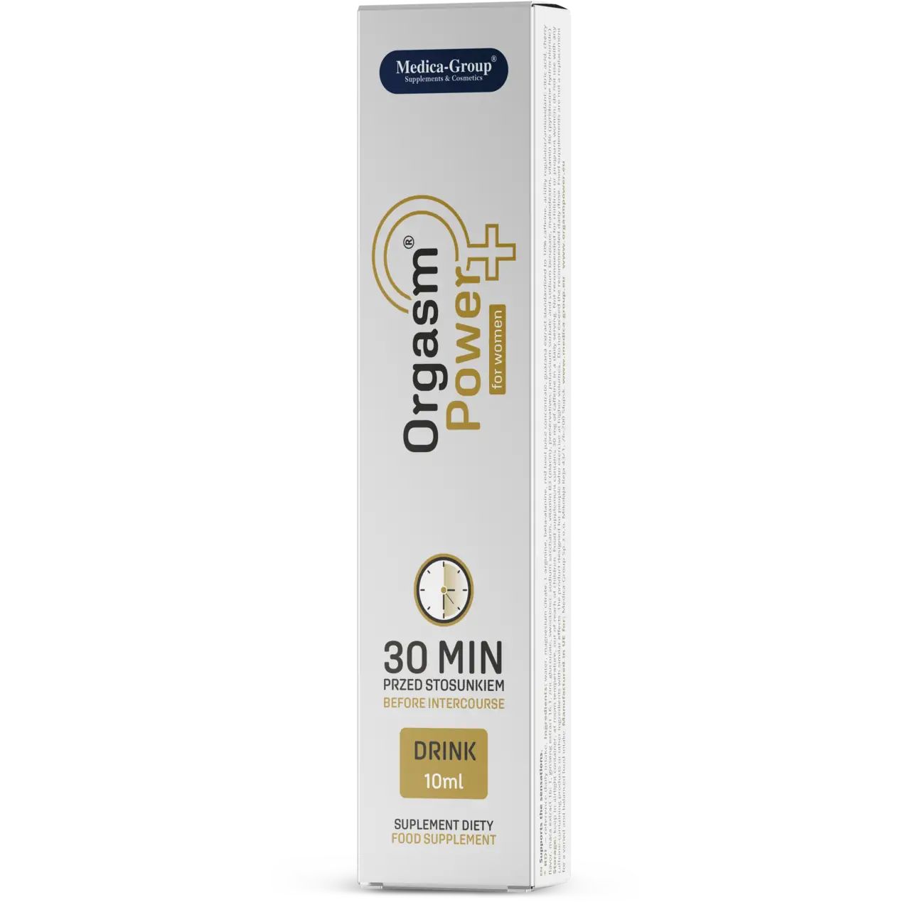 Confezione del prodotto. Scritta: Orgasm Power for women, 30 min, Drink 10ml. Marchio: Medica-Group.