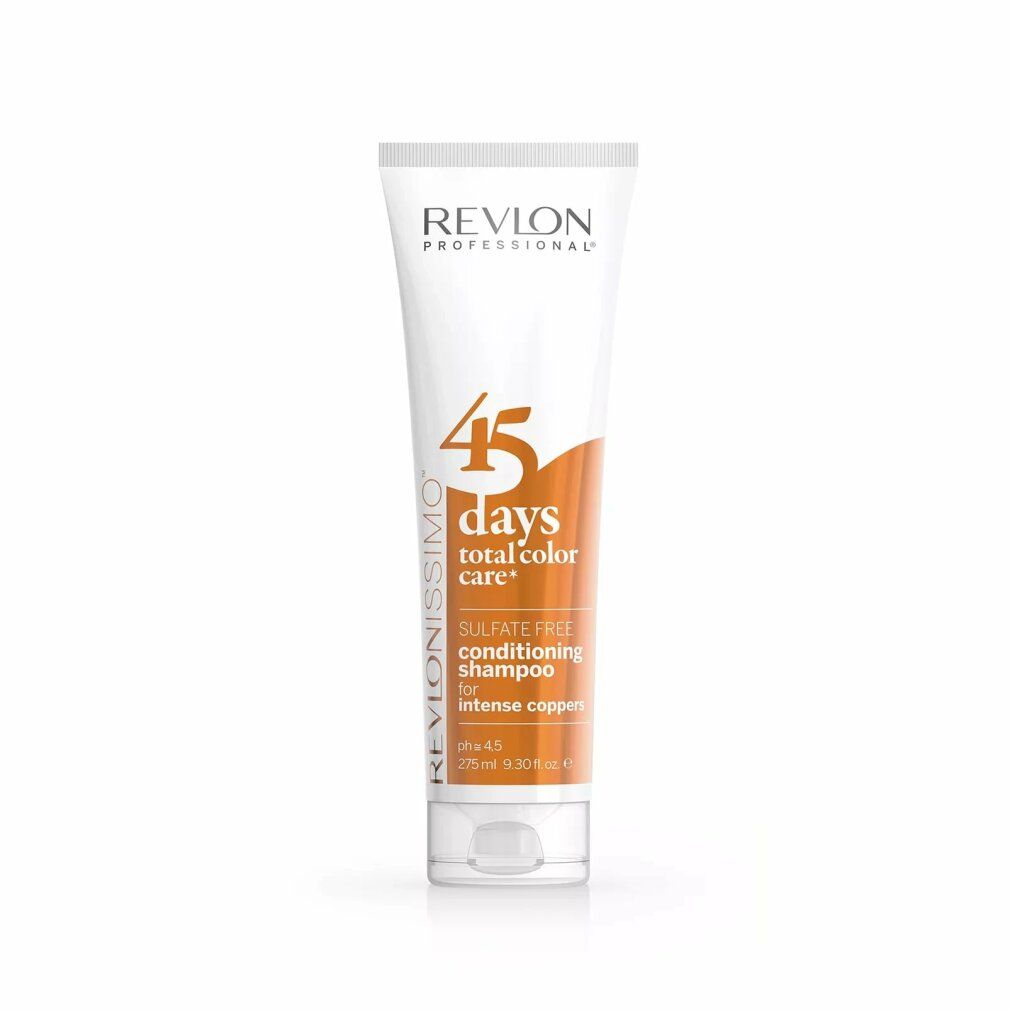 Tubo bianco-arancione. Scritta: Revlon Professional, 45 Days, total color care, Shampooing conditionneur pour cuivrés intenses. pH 4.5.