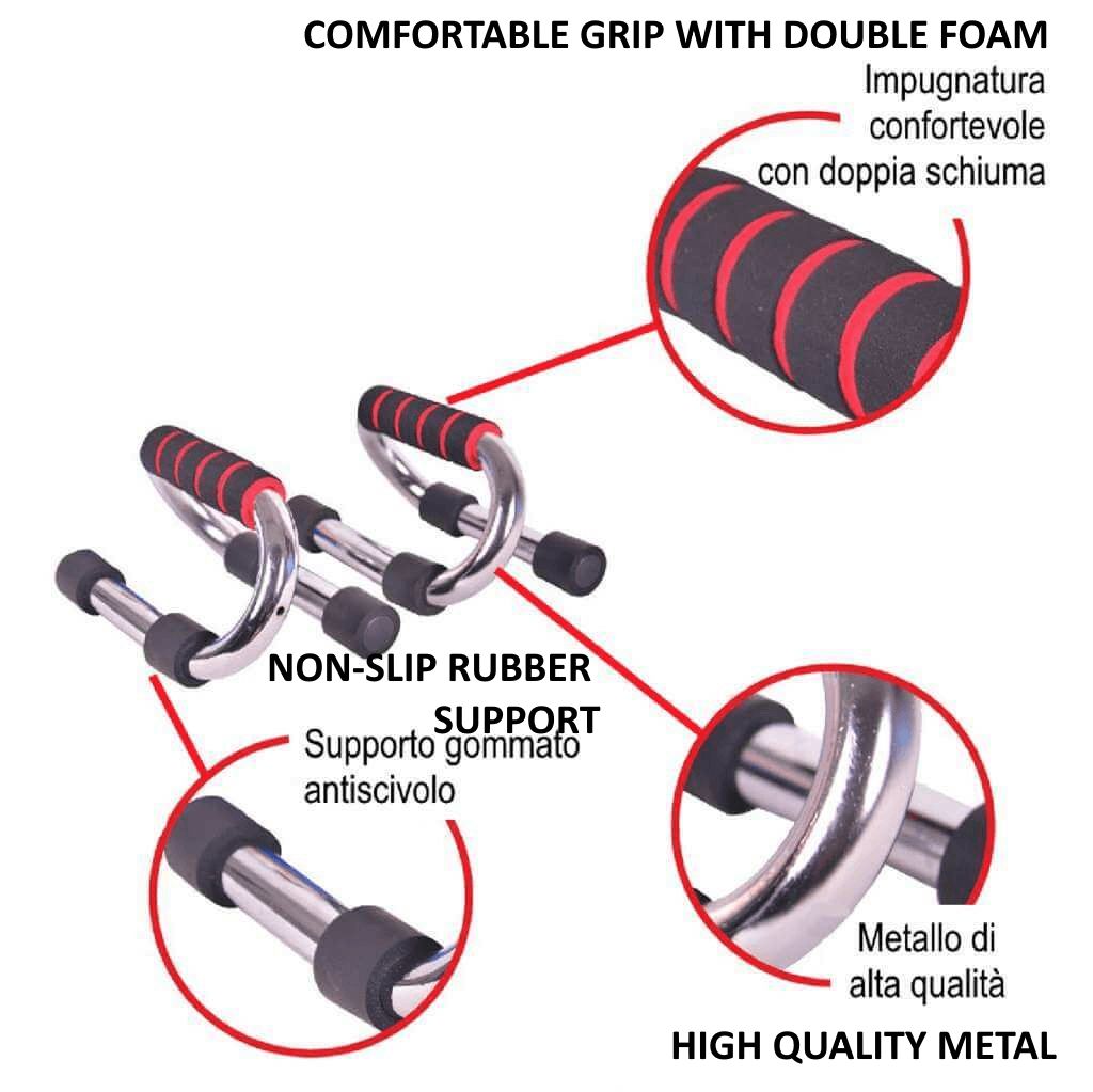 Primo piano di maniglie per flessioni. Struttura in metallo, estremità nere, impugnature rosso-nere. Testo: 'Comfortable Grip', 'Non-slip Rubber'.