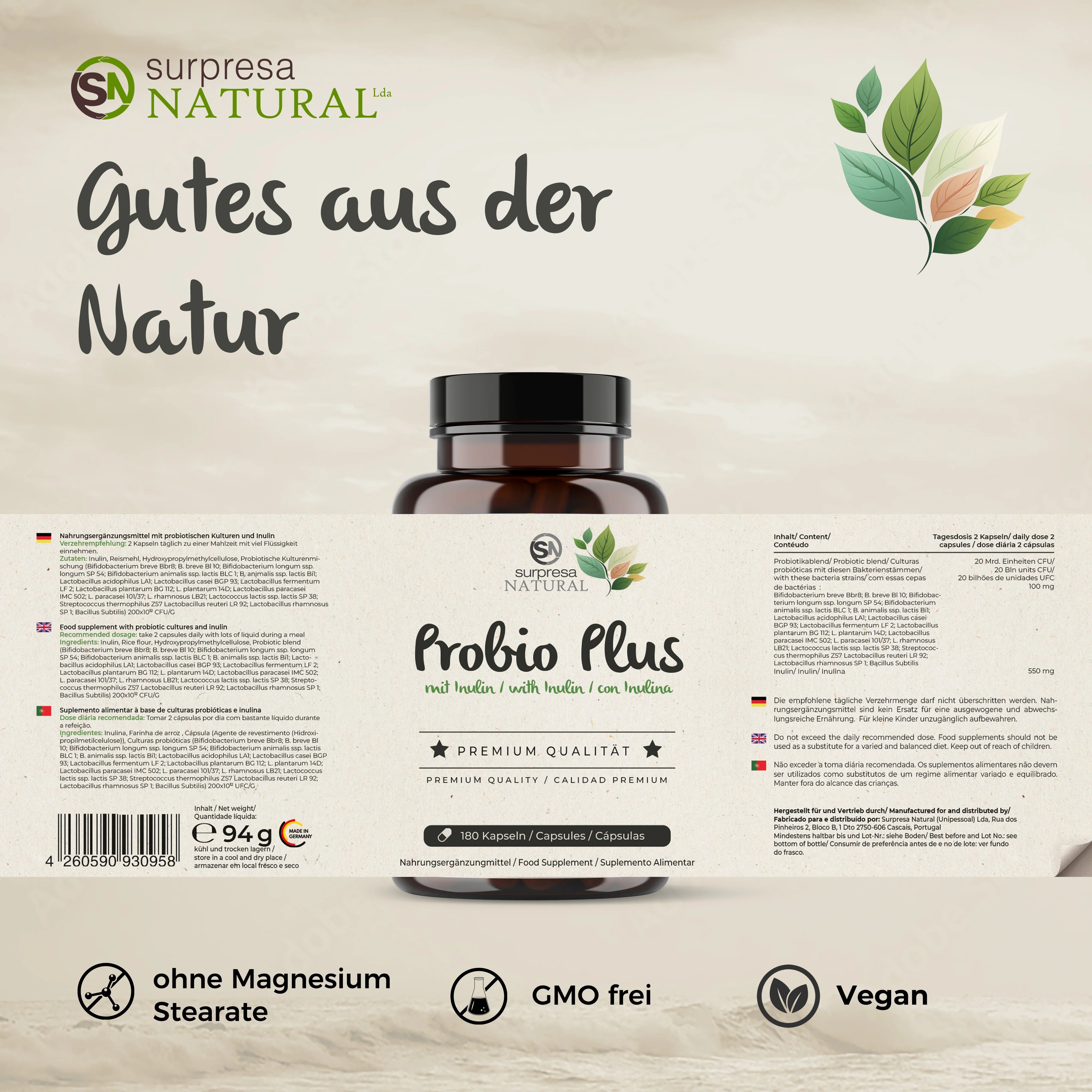 Flacone marrone con etichetta: Surpresa Natural Probio Plus, 180 capsule, qualità premium, vegano.