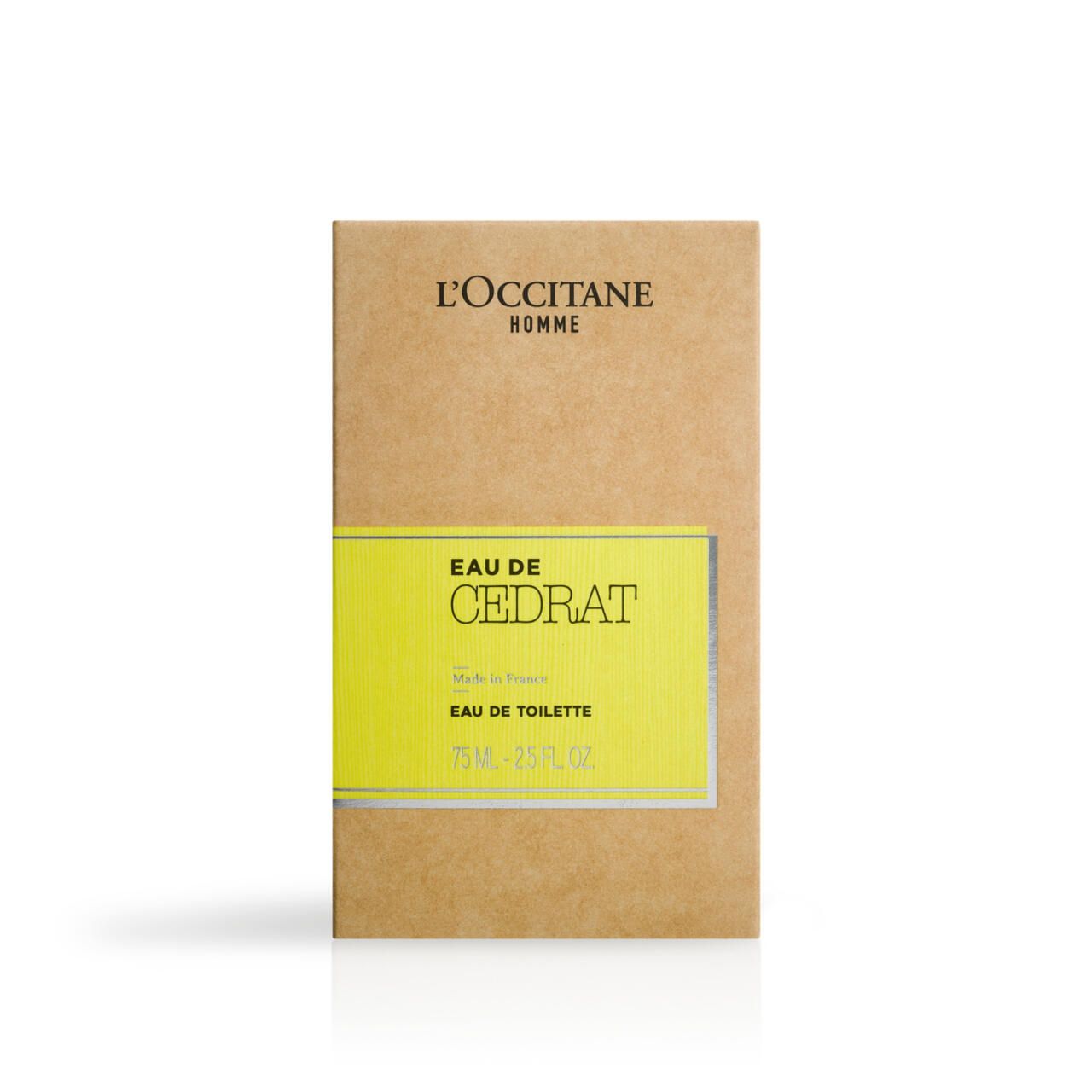 Confezione in cartone L'Occitane Eau de Cedrat. Scritta: Eau de Toilette, 75 ml. Etichetta gialla con nome del prodotto.