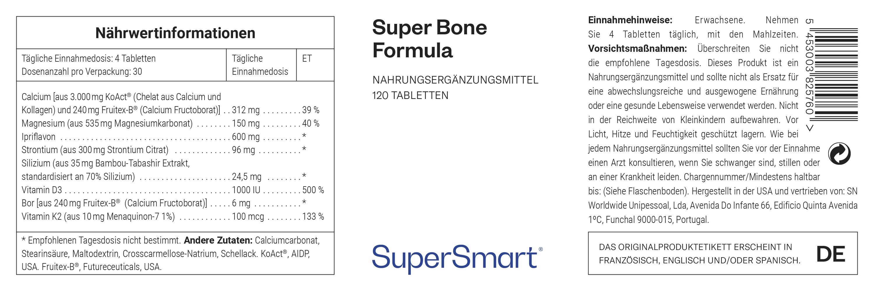 Confezione di 'Super Bone Formula' integratore alimentare, 120 compresse, con informazioni nutrizionali.