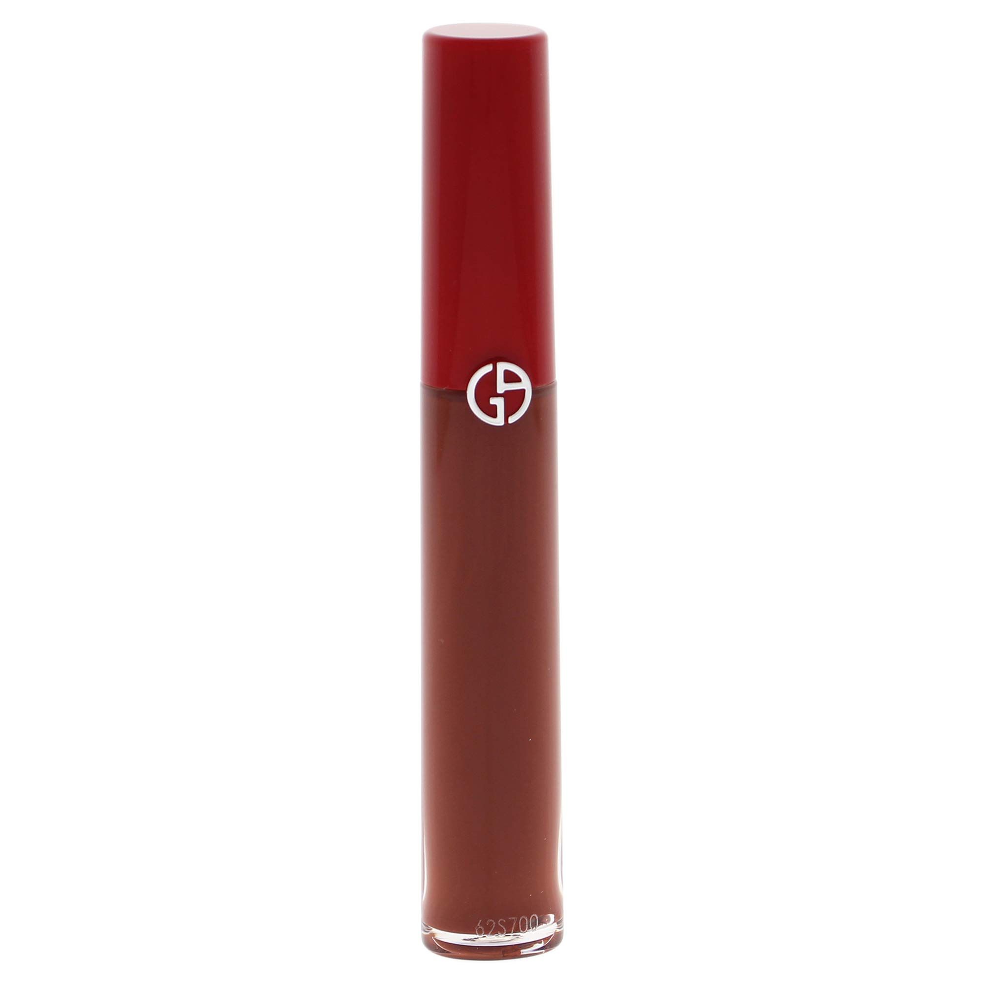 Rossetto marrone con tappo rosso. Logo Giorgio Armani sul tappo.