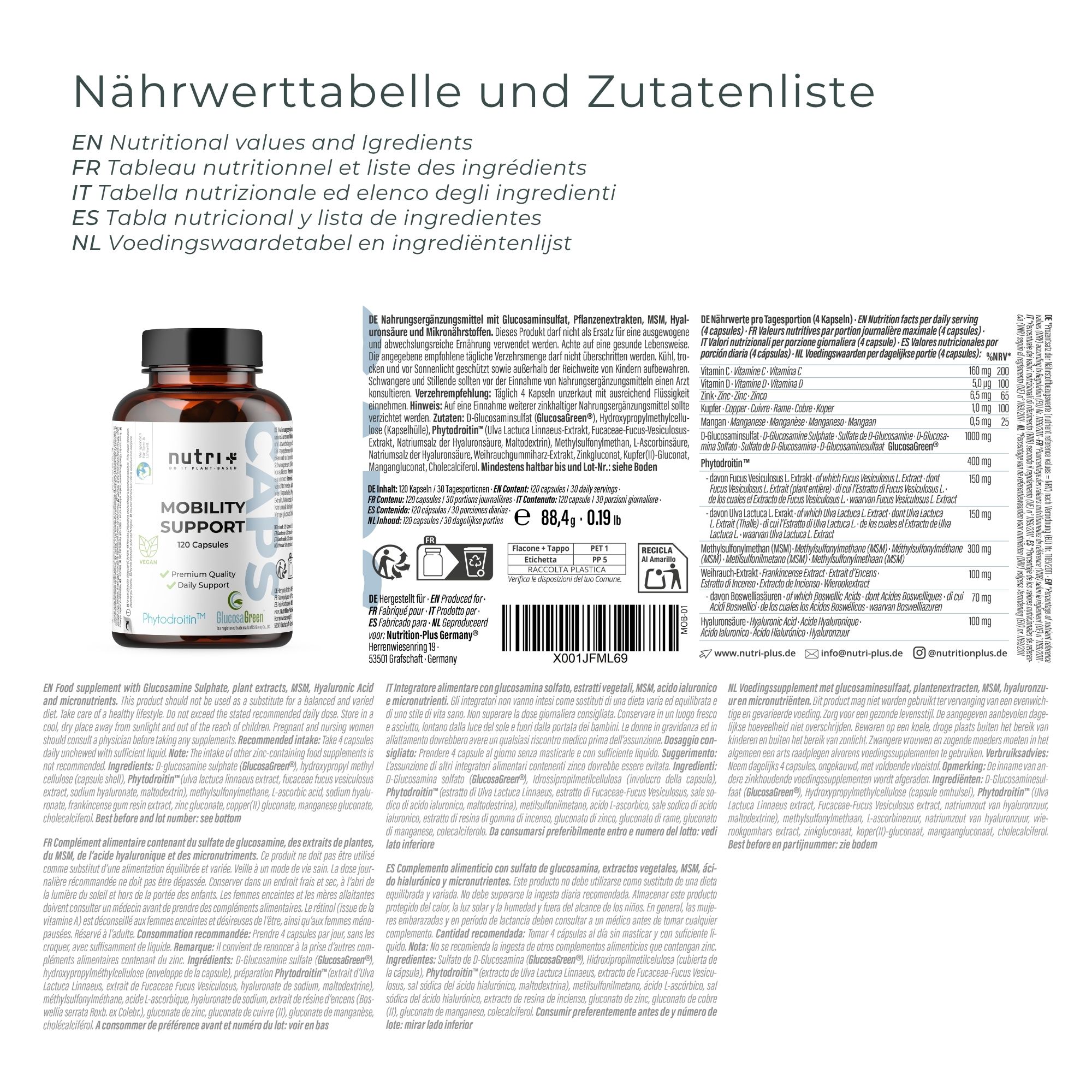 Flacone marrone di capsule nutri+ Mobility Support. Etichetta con tabella nutrizionale e elenco ingredienti in tedesco, inglese, francese, italiano, spagnolo e olandese.