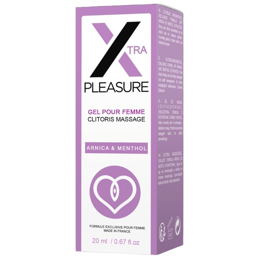 Confezione prodotto. Scatola viola con scritta: Xtra Pleasure, Gel per clitoride. 20 ml.