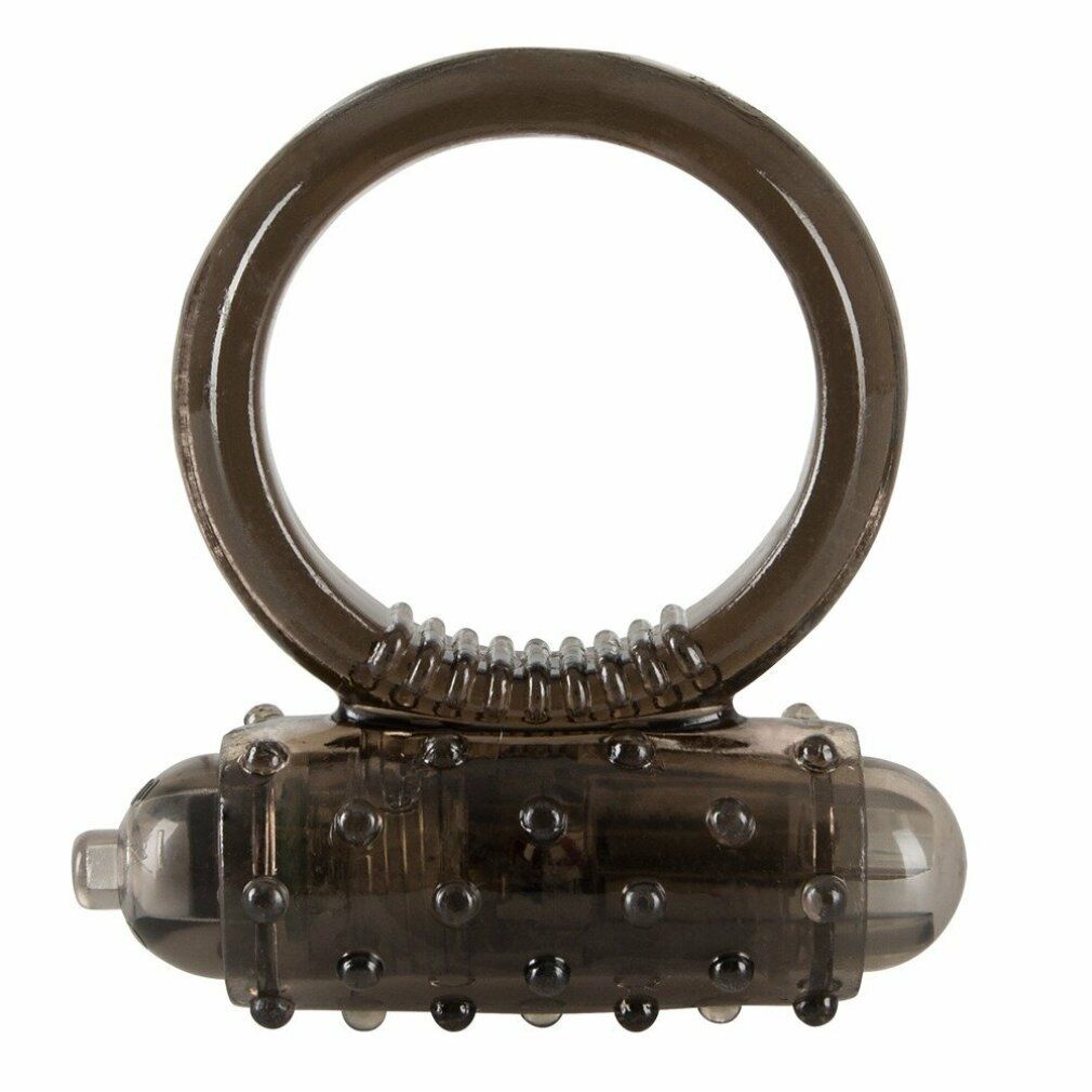 Anello fallico nero con vibrazione. Anello e accessorio vibrante con borchie.