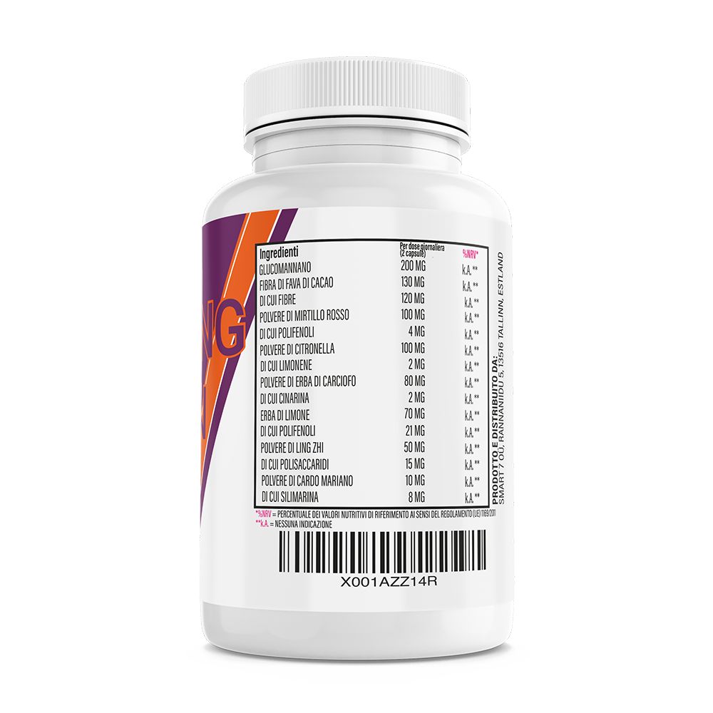 Retro di un flacone bianco con elenco ingredienti. Testo in italiano. Codice a barre e numero di lotto in basso.