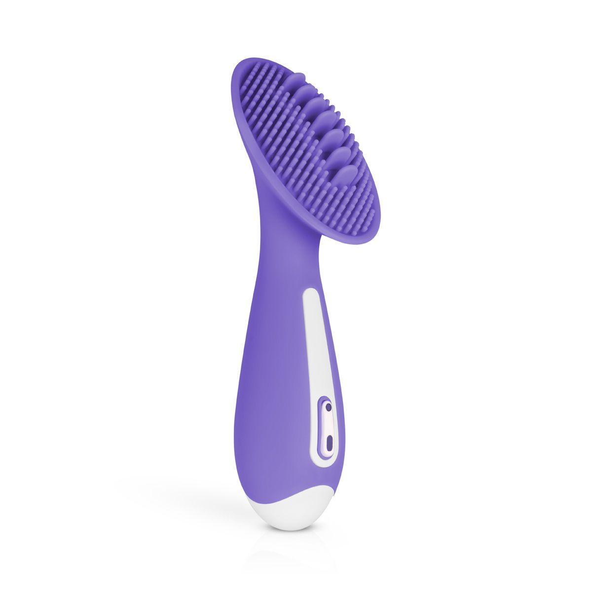 Stimolatore clitorideo viola con testa arrotondata e manico. Base e pannello di controllo bianchi.