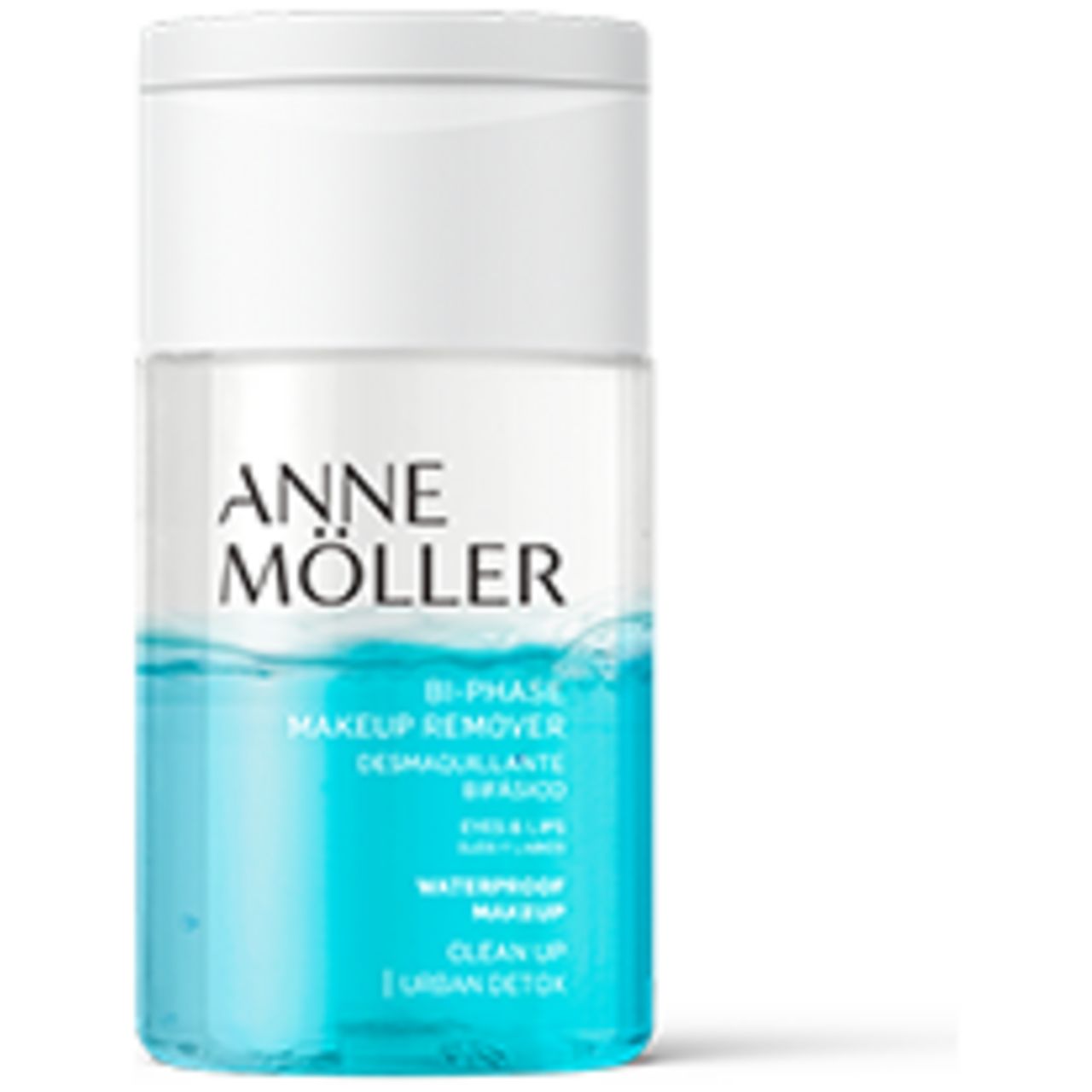 Struccante bifasico. Liquido blu e trasparente in flacone cilindrico. Marchio Anne Möller.