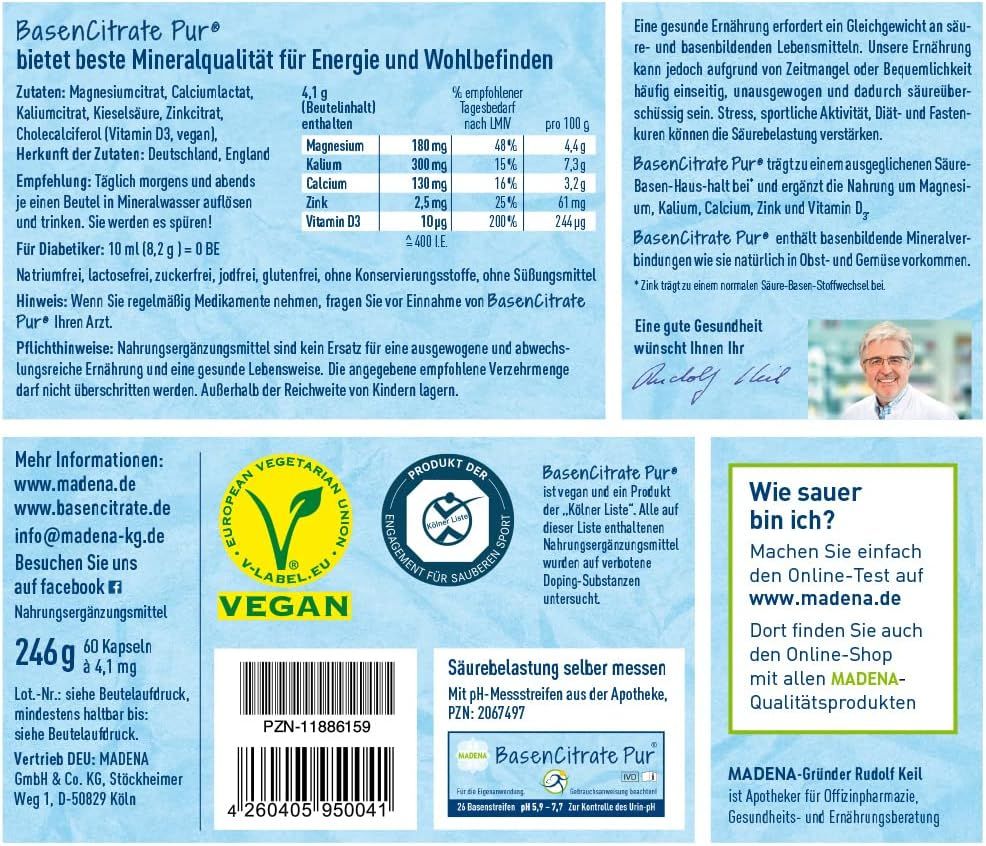 Etichetta del prodotto con ingredienti e valori nutrizionali. Vegano, senza lattosio, senza glutine. Contiene minerali e vitamina D3.