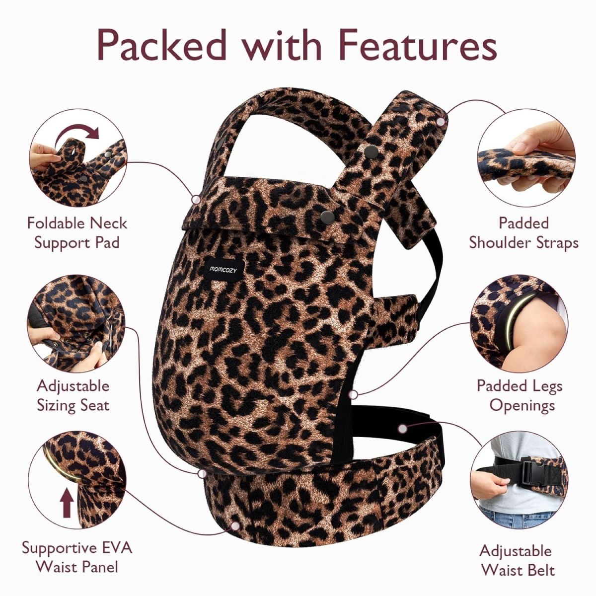 Marsupio Momcozy con stampa leopardata. Cinghie e cintura regolabili, imbottitura. Dettagli: seduta regolabile, supporto collo.