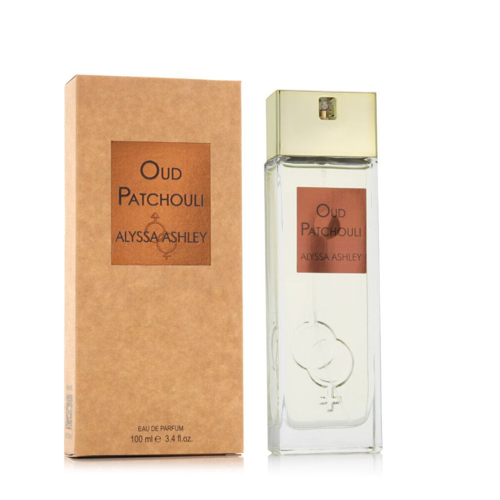 Flacone di profumo e confezione. Scritta: Oud Patchouli, Alyssa Ashley. Confezione marrone. Flacone con tappo dorato.