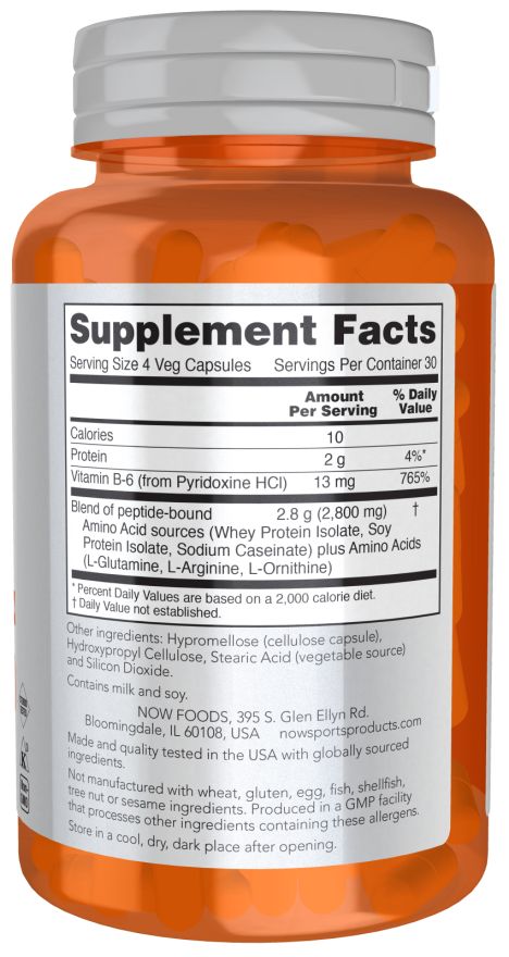Retro del flacone. Contiene informazioni nutrizionali, ingredienti e dettagli del produttore. Contiene 2,8 g di aminoacidi e vitamina B-6.
