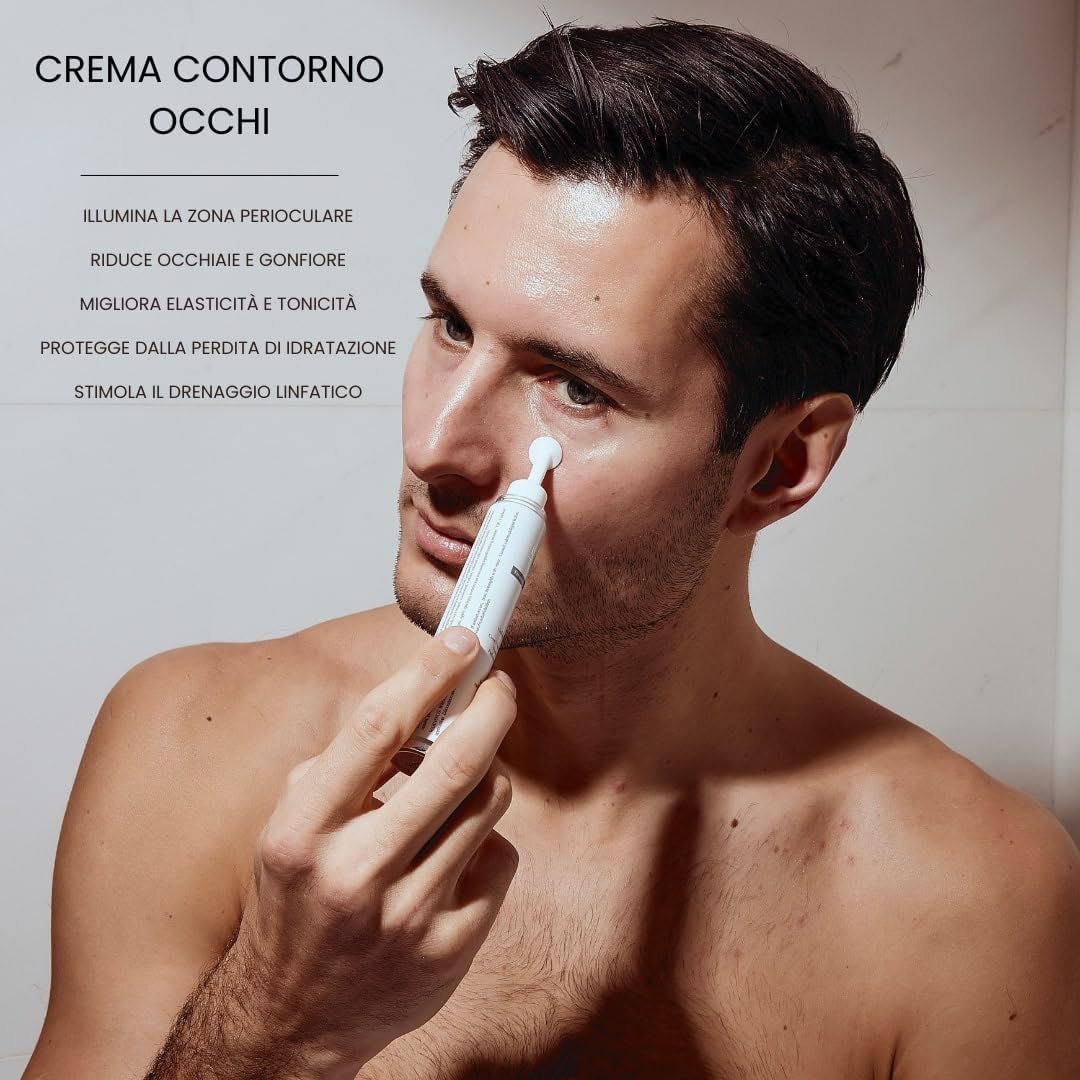 Uomo applica crema occhi. Testo: Crema Contorno Occhi. Nome del prodotto non visibile.