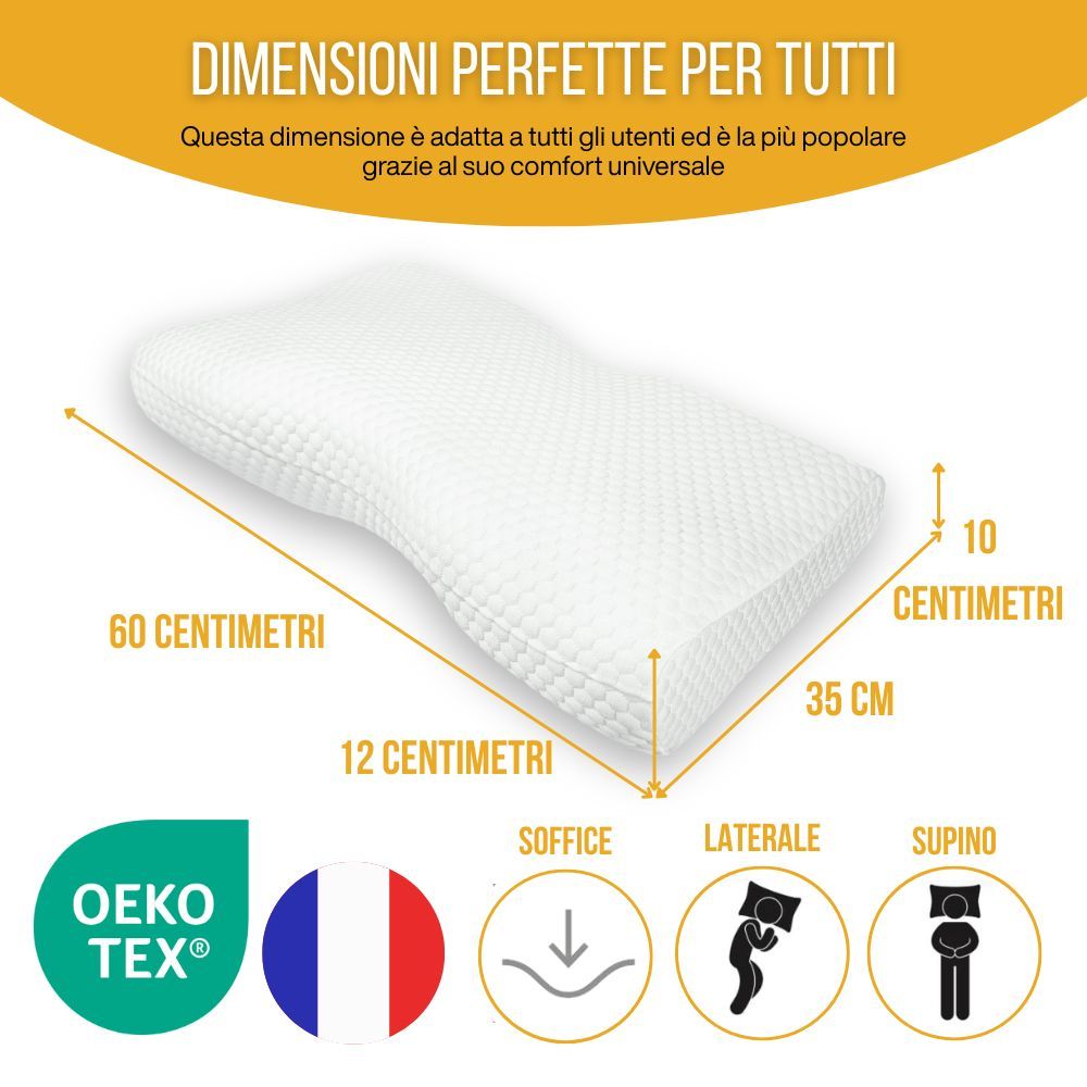Cuscino ergonomico. Dimensioni: 60x35x10/12 cm. Oeko-Tex. Bandiera francese. Bianco.