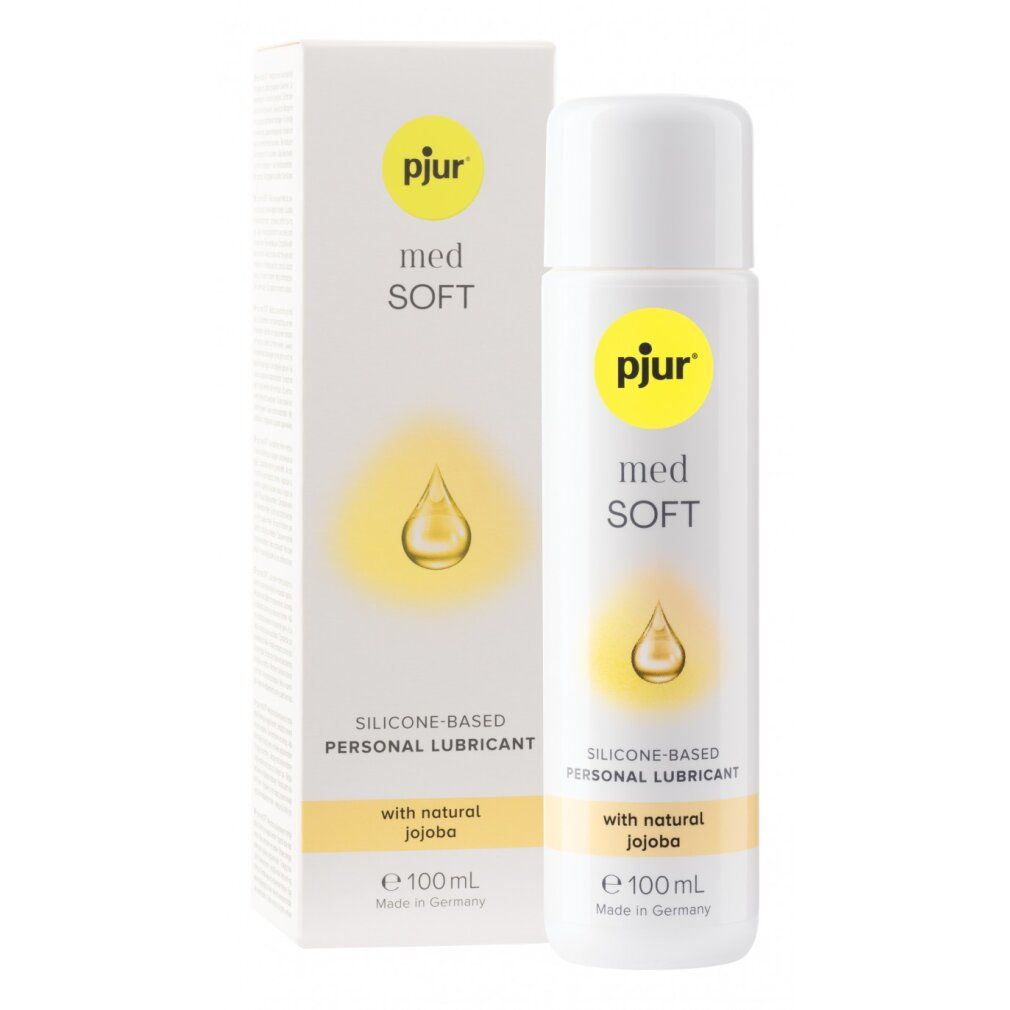 Flacone e confezione di pjur® med *Soft*. Scritta: Silicone-based Personal Lubricant with natural Jojoba. E 100 ml.