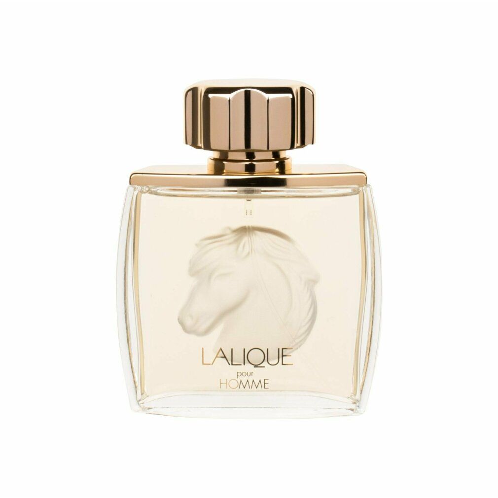 Flacone in vetro con tappo dorato. Rilievo di testa di cavallo sul davanti. Scritta "LALIQUE pour HOMME".