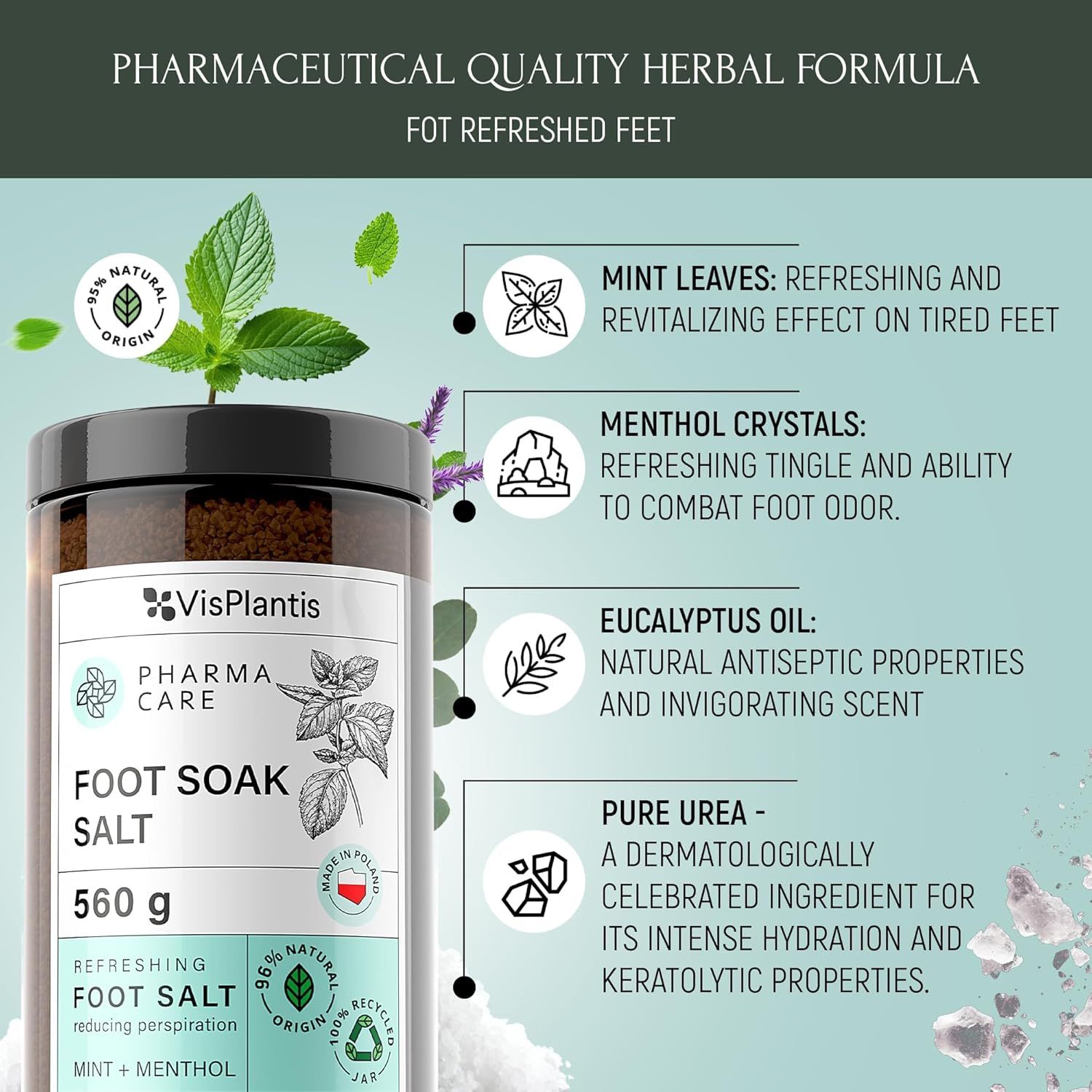 Confezione del prodotto: Vis Plantis pediluvio. Ingredienti: menta, mentolo, olio di eucalipto, urea.