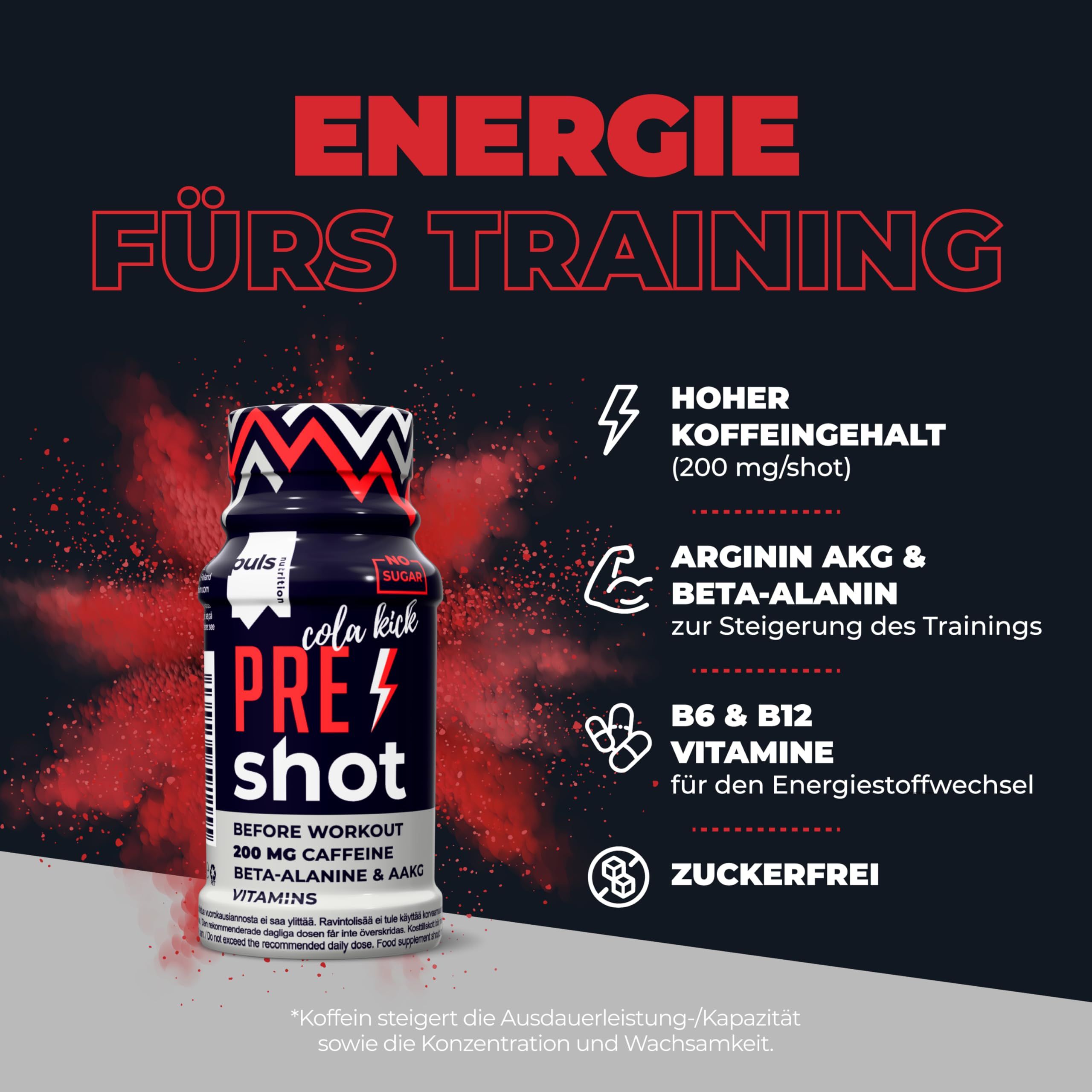 Puls Nutrition Pre Workout Shot gusto Cola Kick. Contiene caffeina, vitamine e aminoacidi.