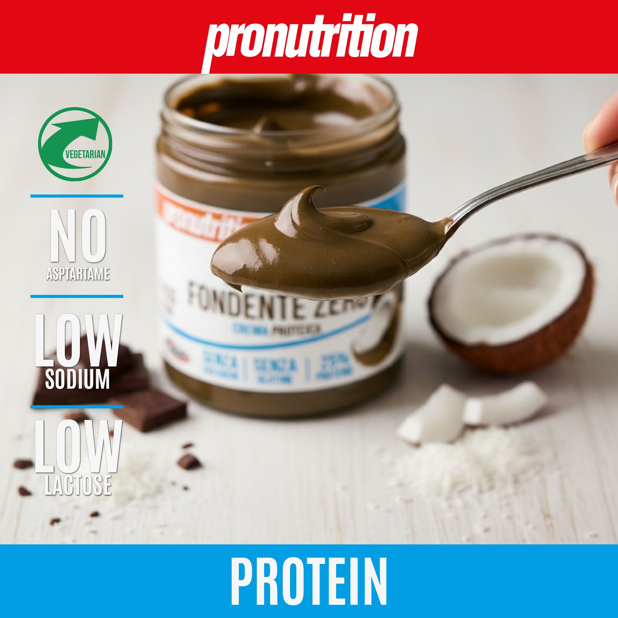 Cucchiaio di crema cioccolato-cocco. Scritta: Cocco Fondente Zero. Accanto: cocco, cioccolato. Testo: Senza aspartame, basso sodio, basso lattosio.
