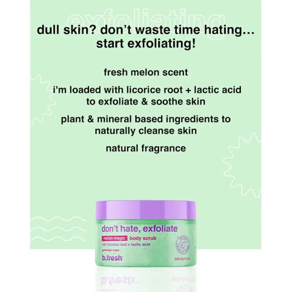 Contenitore verde per scrub corpo con coperchio viola. Contiene melone magico, scrub corpo con liquirizia e acido lattico.