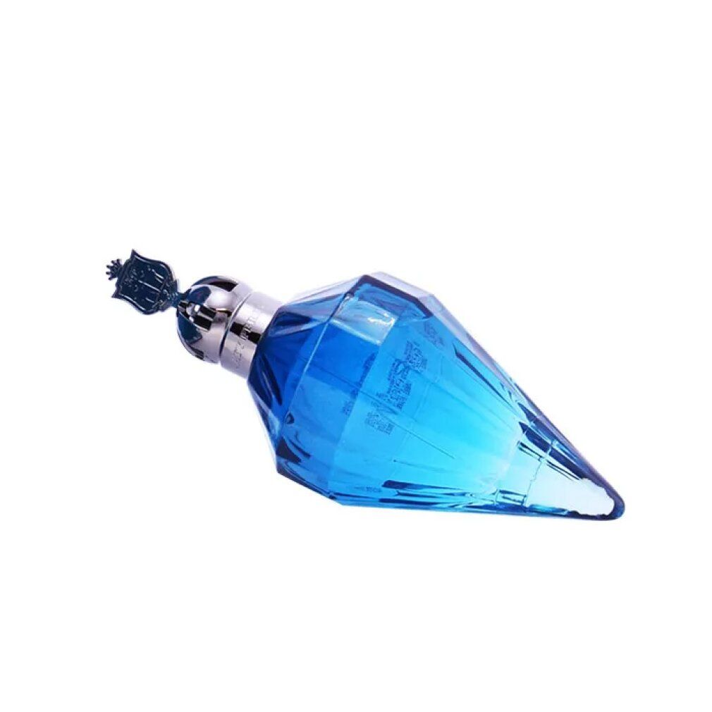 Flacone di profumo blu a forma di diamante, tappo argentato con corona. Disteso.