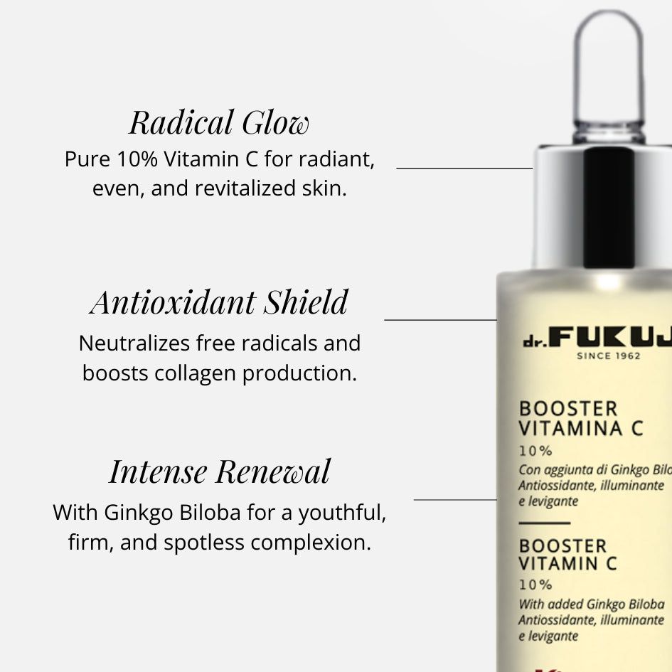 Primo piano del flacone. Scritta: Dr. Fukuj, Booster Vitamina C 10%. Testo su antiossidanti e Ginkgo Biloba.