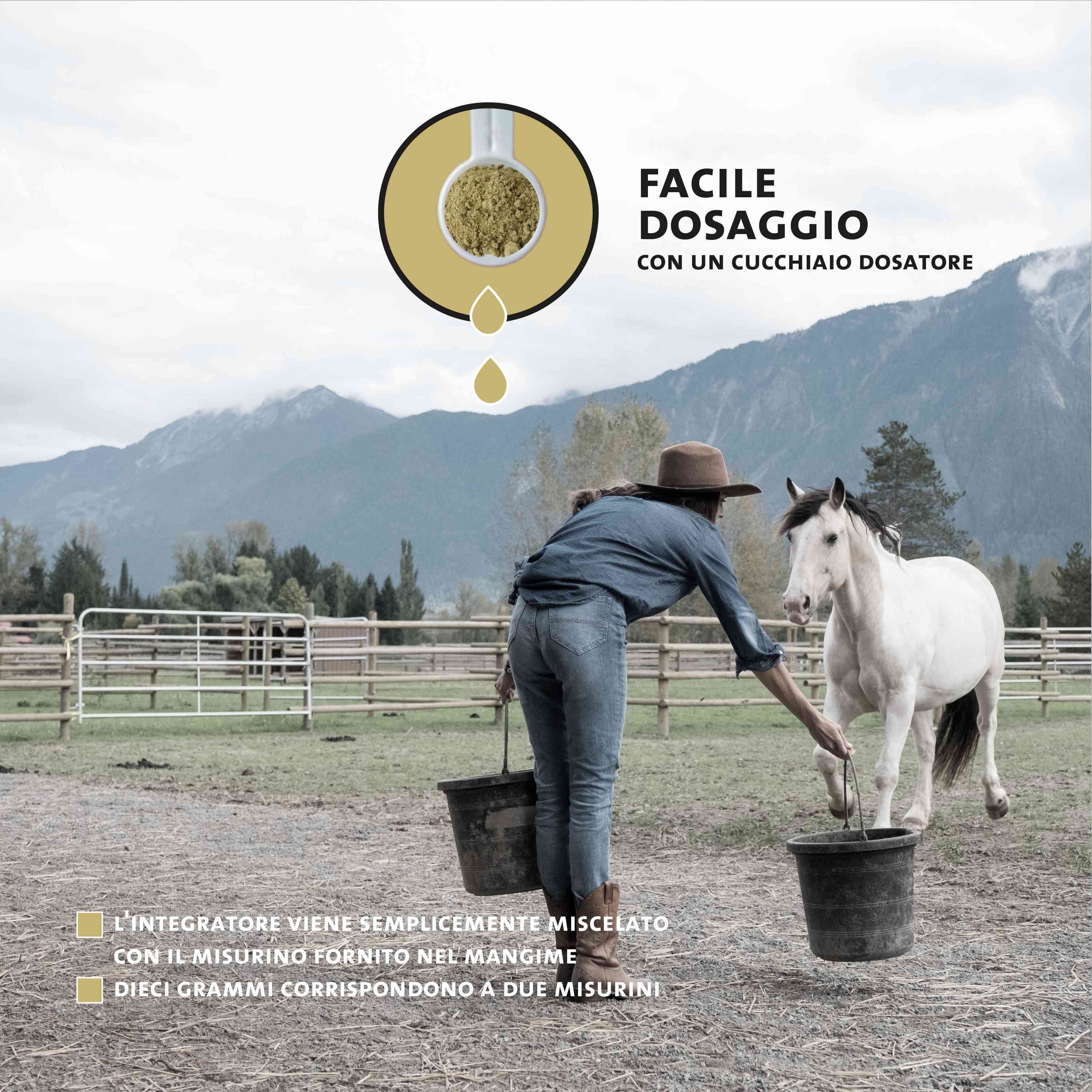 Barattolo di polvere Peticare Husten, circondato da polvere e icone: foglia, goccia, C, molecola.