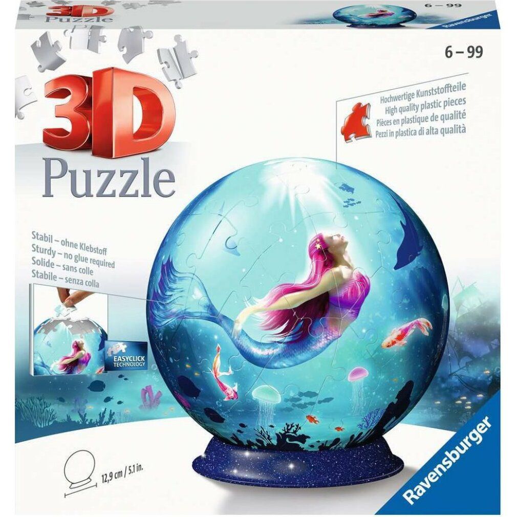 Puzzleball 3D con sirena. Forma sferica, base blu, confezione con nome e logo del prodotto. 72 pezzi.
