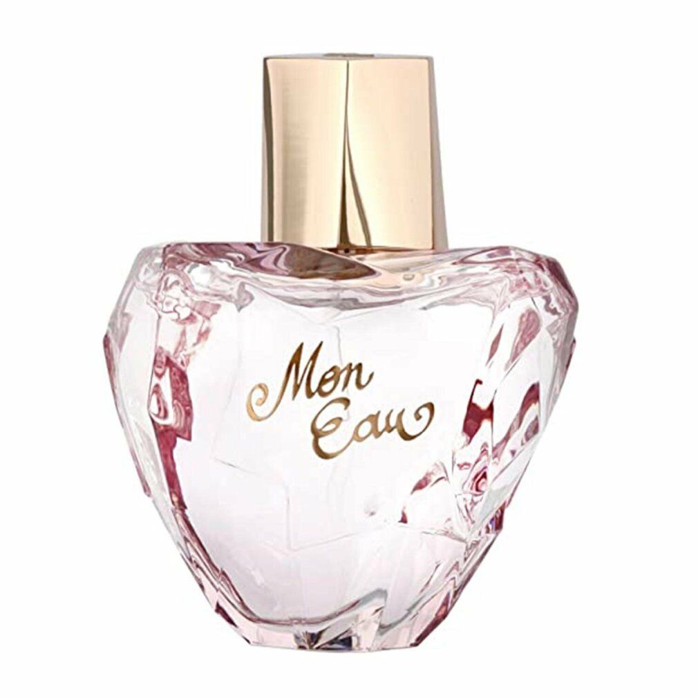 Flacone di profumo rosa a forma di cuore con tappo dorato. Scritta "Mon Eau" in oro.