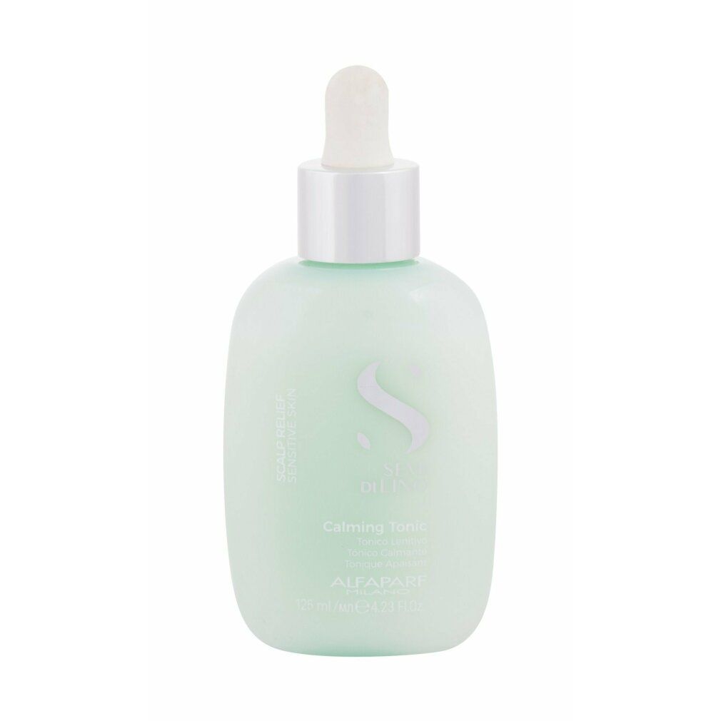 Flacone verde chiaro con contagocce. Scritta: Semi Di Lino, Calming Tonic, Alfaparf Milano. Vista verticale.