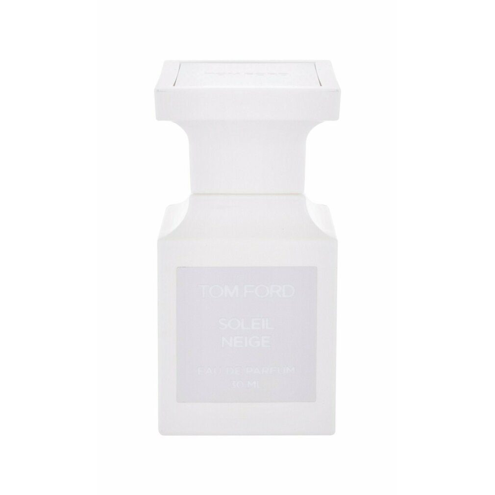 Flacone bianco con etichetta quadrata. Testo: TOM FORD, SOLEIL NEIGE, Eau de Parfum.