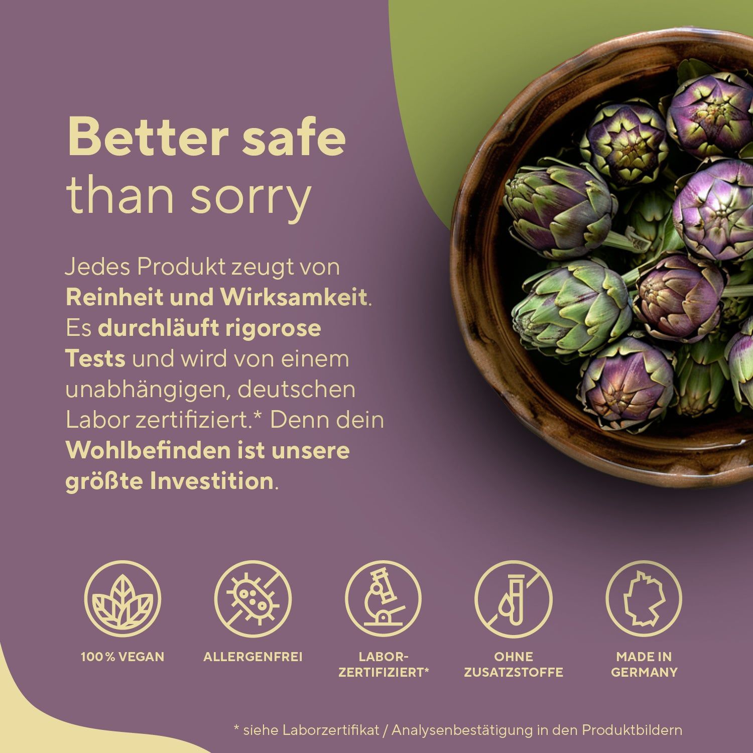 Carciofi in una ciotola. Testo: 100% vegano, senza allergeni, certificato in laboratorio, senza additivi, Made in Germany.