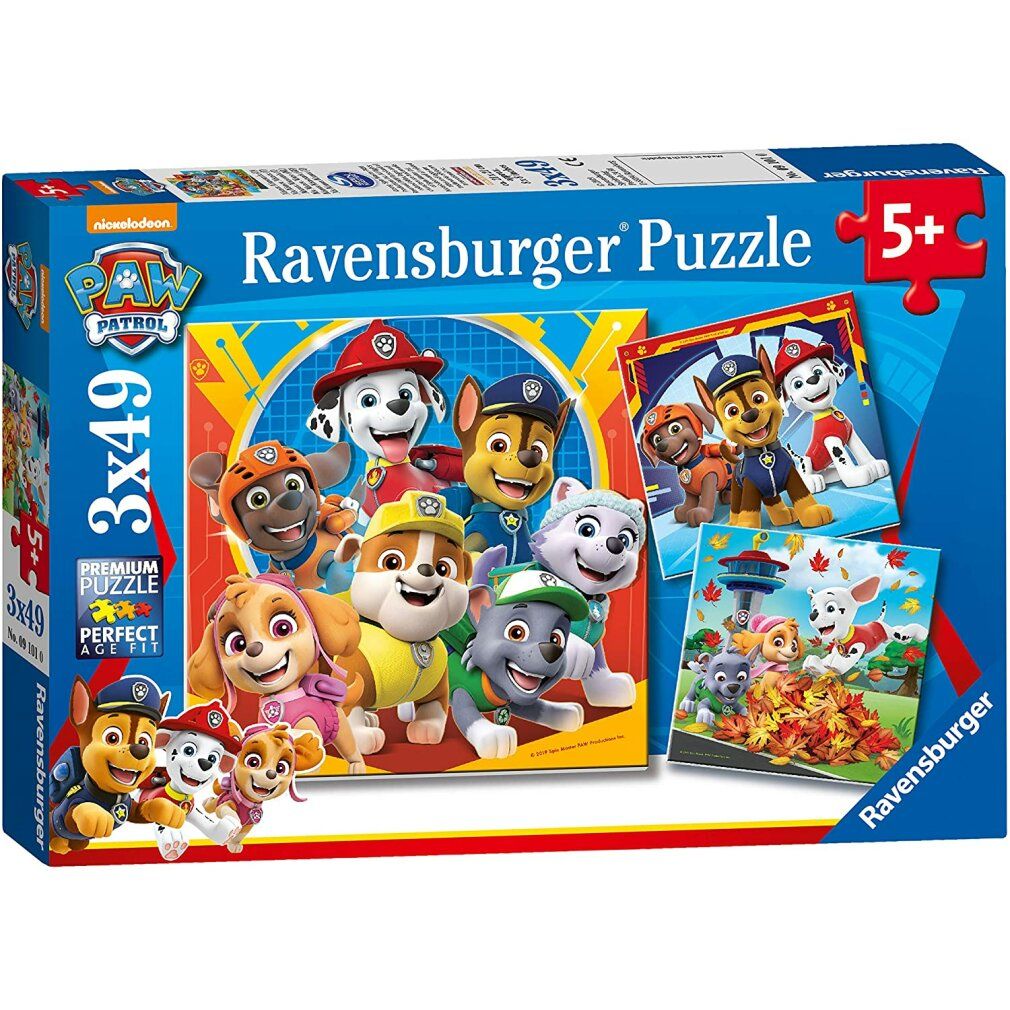 Scatola puzzle Paw Patrol. Contiene 3 puzzle da 49 pezzi ciascuno. Logo Ravensburger e raccomandazione d'età 5+.