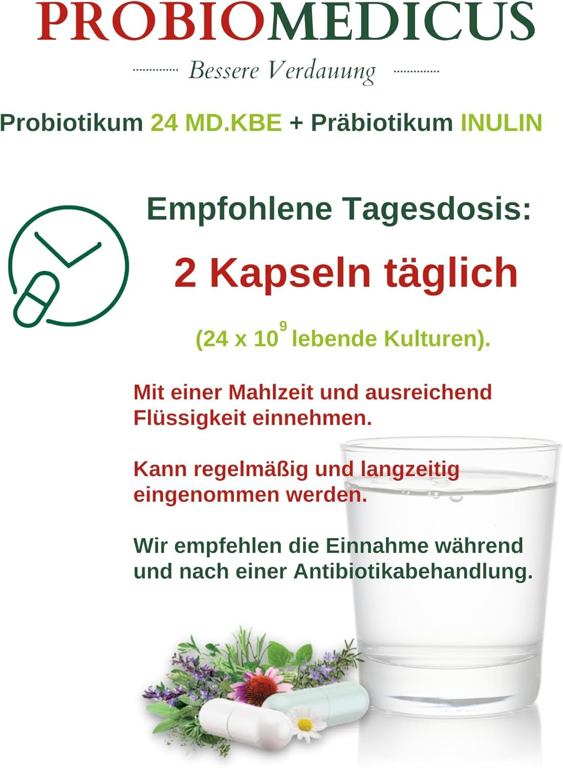 PROBIO MEDICUS. Dose giornaliera raccomandata: 2 capsule. Con acqua. Testo: 24 x 10^9 colture vive.