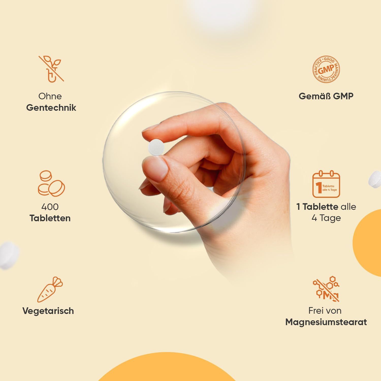 Flacone marrone di vitamina D3. Testo: Vitamina D3 4000UI. 400 compresse.