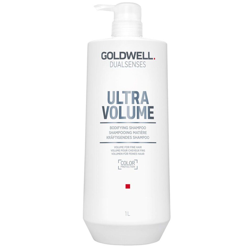 Flacone bianco Goldwell Dualsenses Ultra Volume Shampoo con pompa. Testo: Ultra Volume, Bodifying Shampoo.