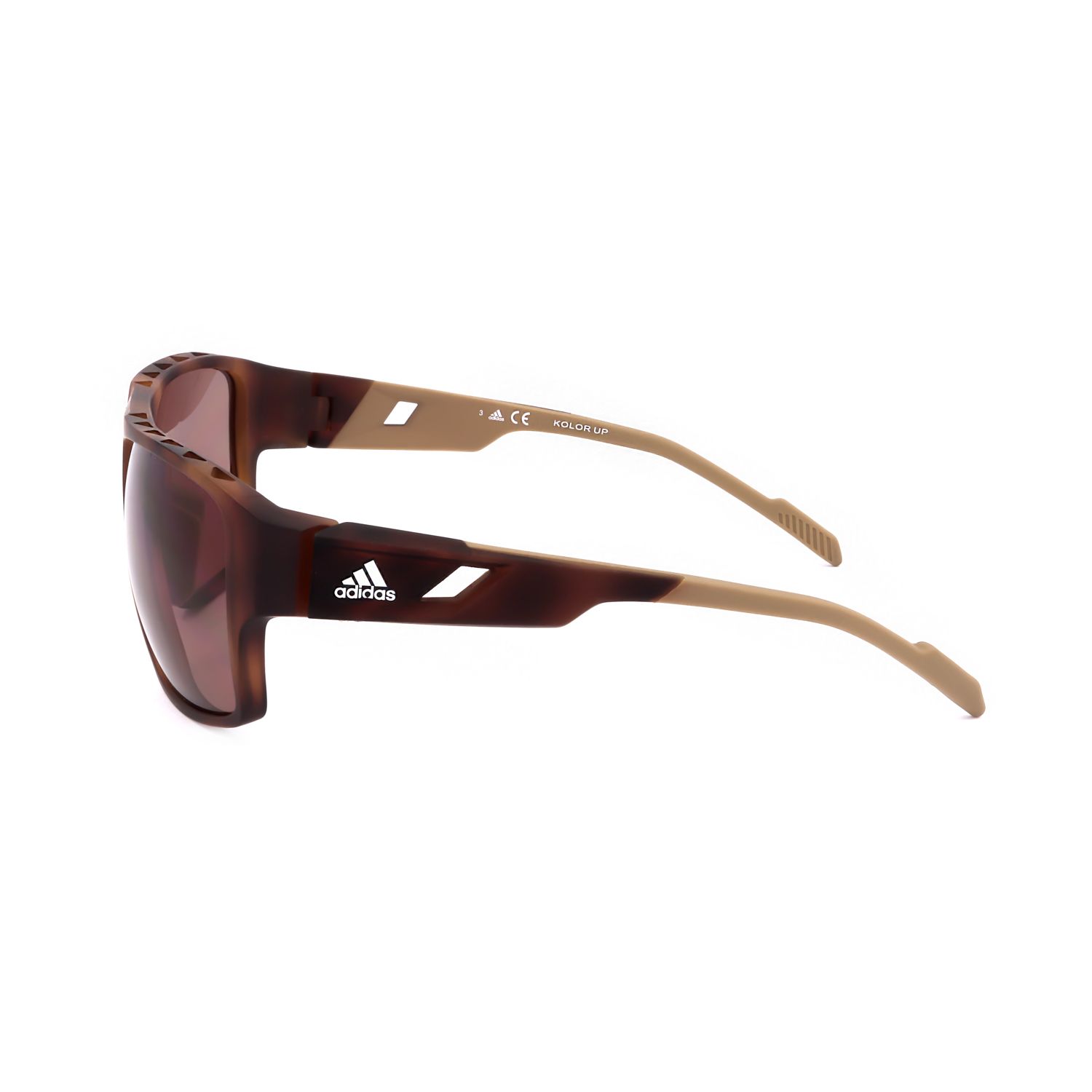 Occhiali da sole Adidas marrone tartarugato con aste beige chiaro. Logo Adidas sulla stanghetta sinistra.