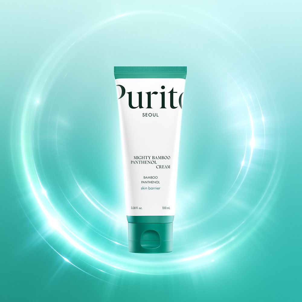 Tubo Purito Mighty Bamboo Panthenol Cream con anelli luminosi.