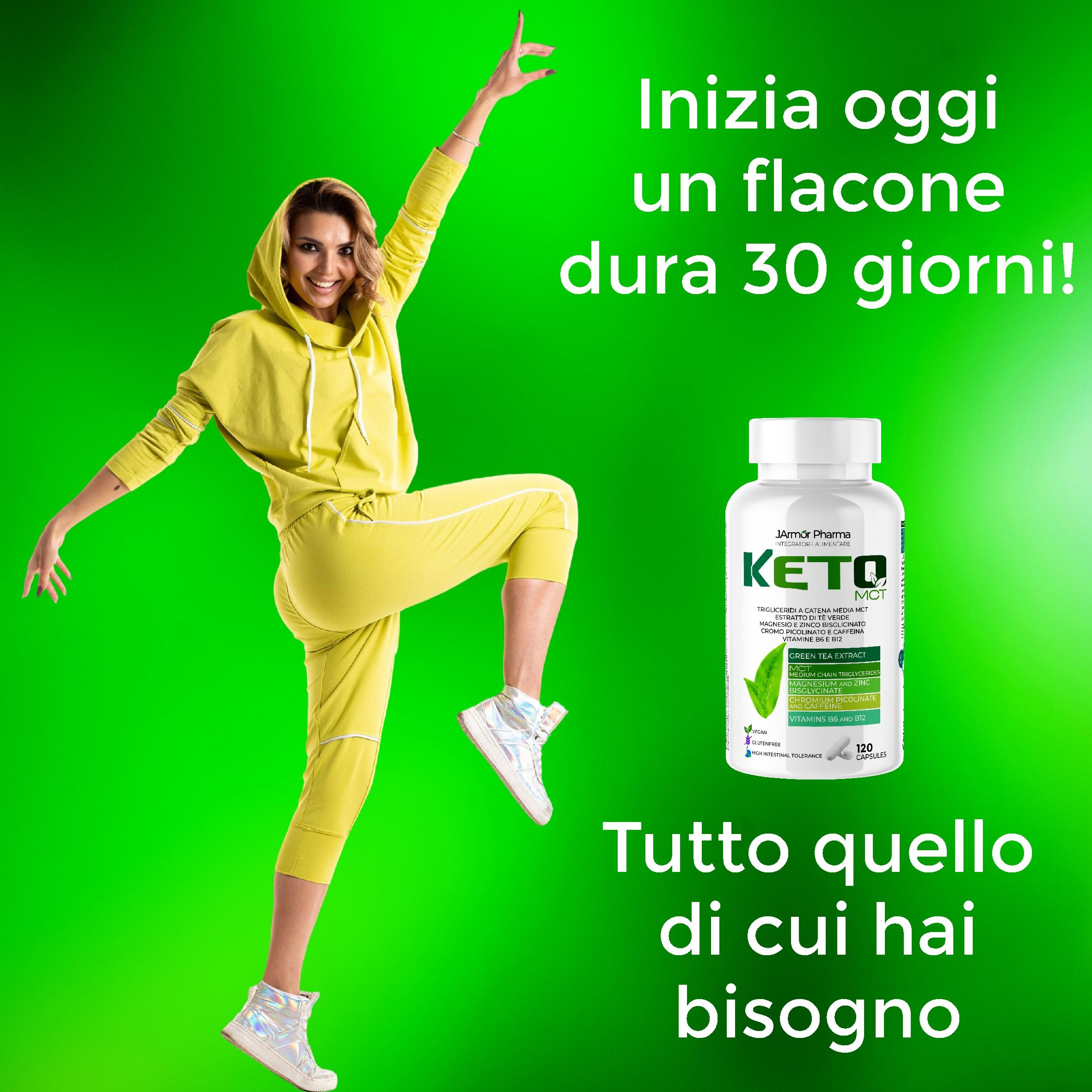 Donna in tuta gialla con flacone di capsule Keto. Testo: Keto, 120 capsule.