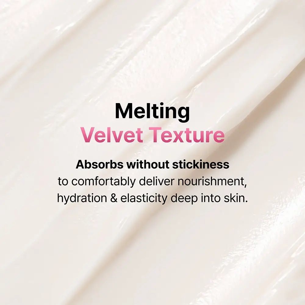 Primo piano della crema. Testo: "Melting Velvet Texture" e descrizione delle proprietà.