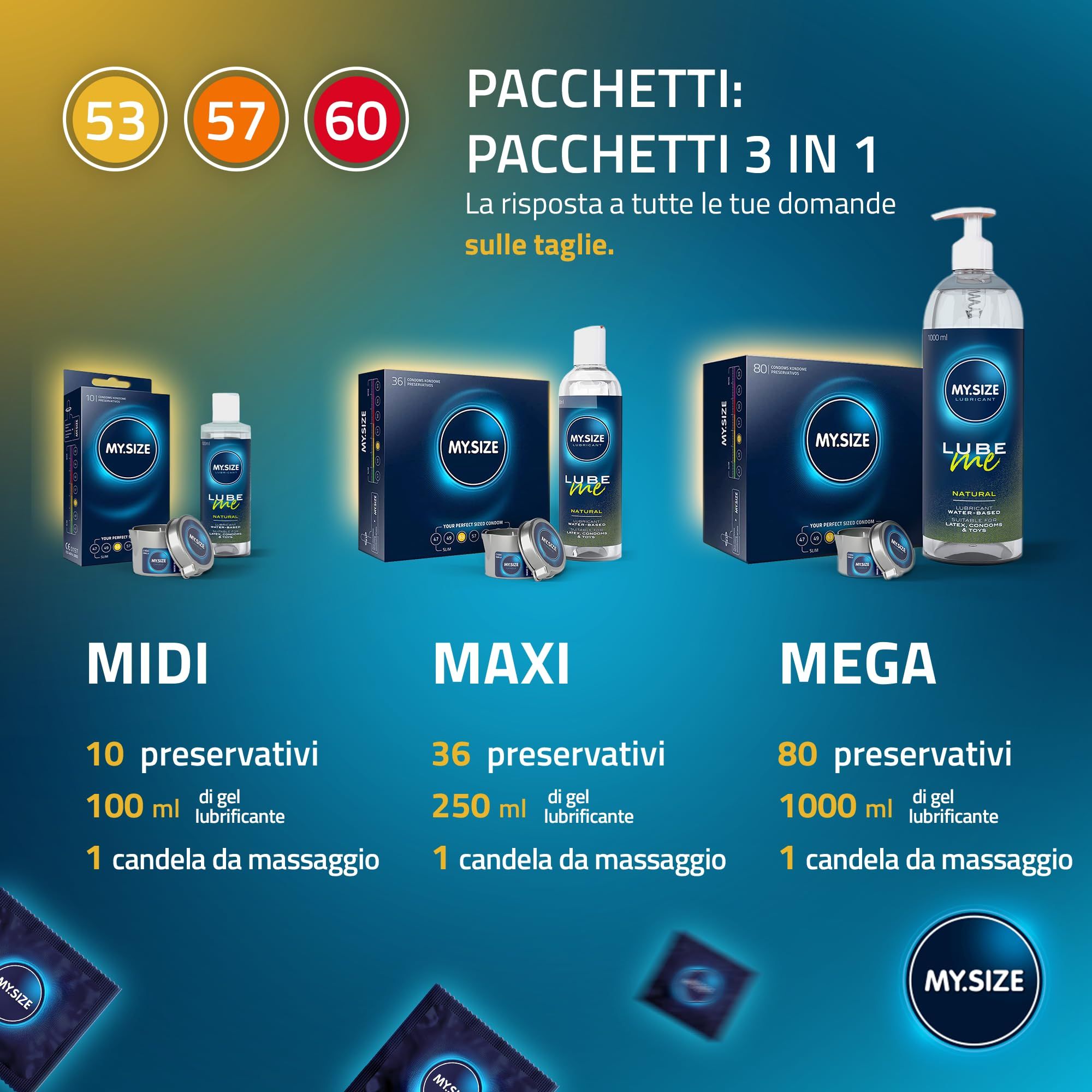 Confezioni preservativi MY.SIZE e lubrificante Lube Me nei set MIDI, MAXI, MEGA.