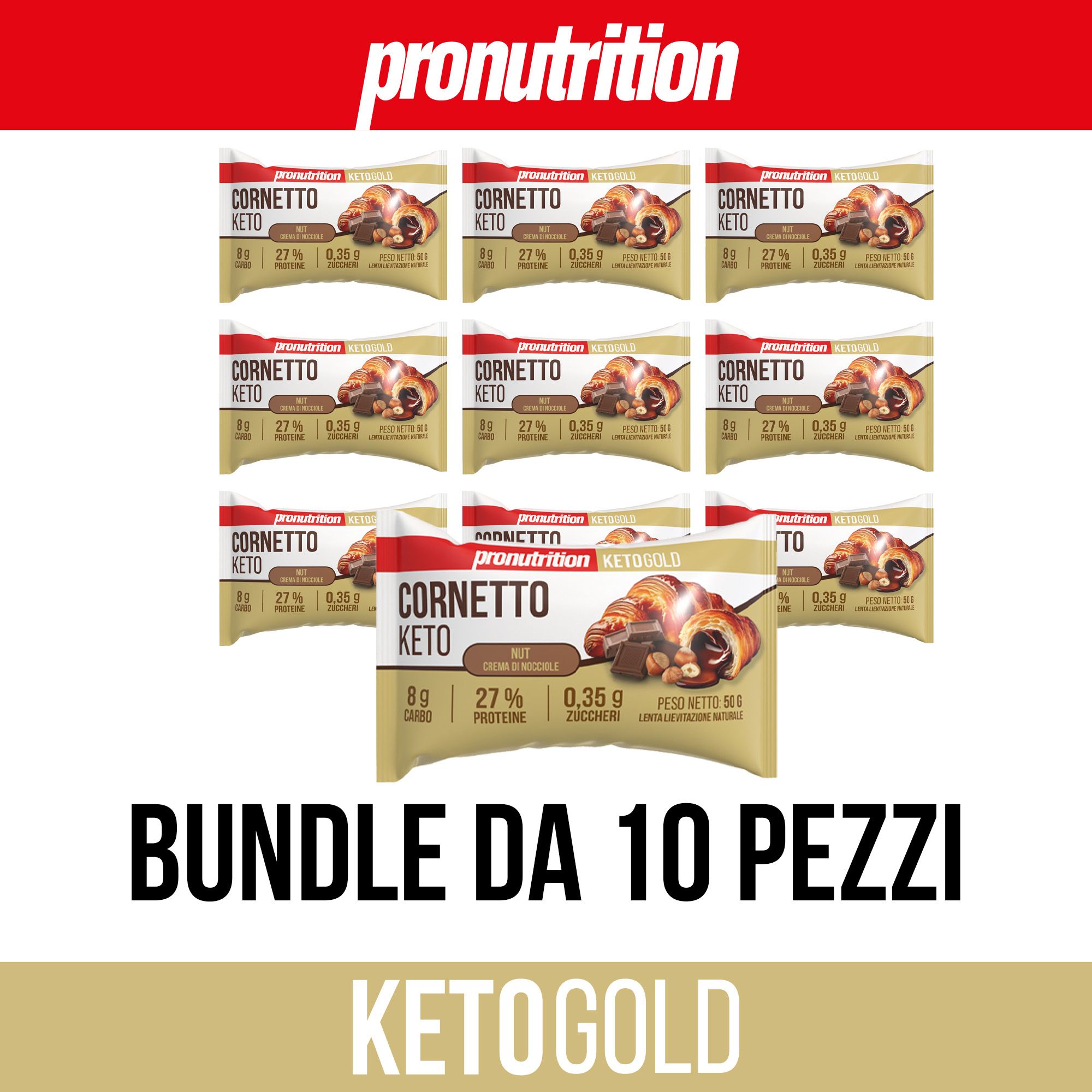 Confezione da 10 Cornetto Keto. Marchio Pronutrition. Testo: Bundle da 10 pezzi, KetoGold.