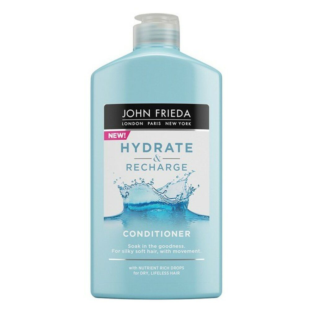 Flacone azzurro John Frieda Hydrate & Recharge Conditioner. Etichetta con grafica d'acqua. Scritta: Conditioner.