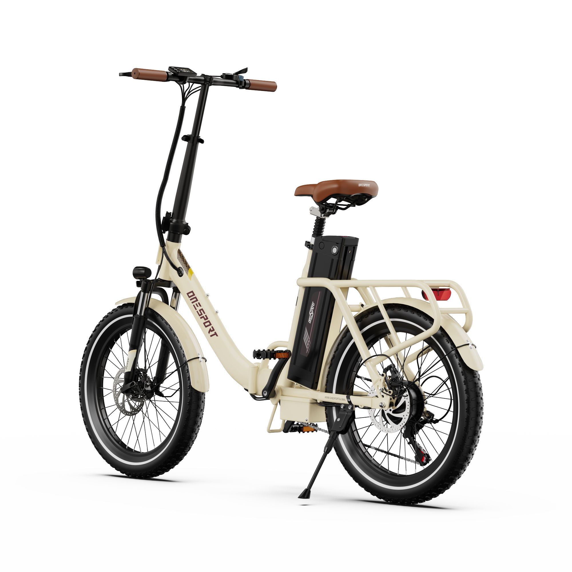 Bicicletta elettrica beige con manubrio nero, sella marrone e portapacchi. Logo ONESPORT visibile.