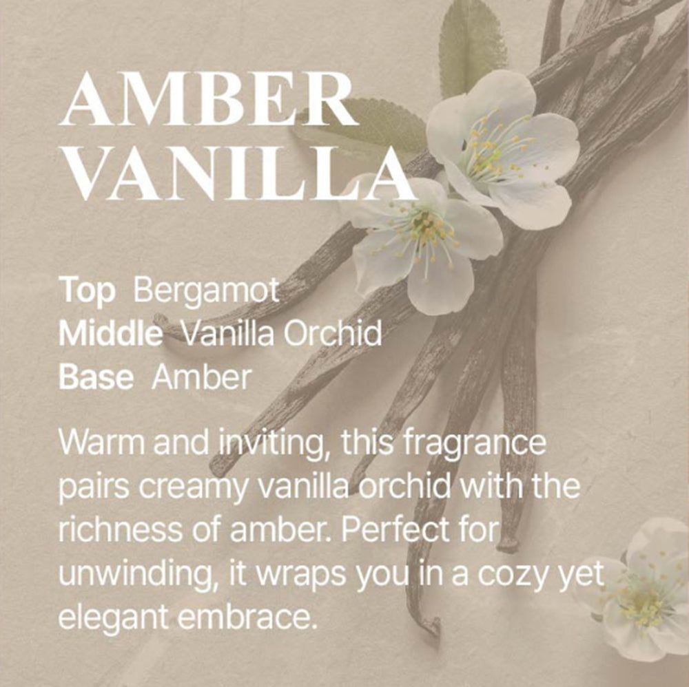 Fiori e baccelli di vaniglia. Testo: AMBRA VANIGLIA. Note: Bergamotto, Orchidea vaniglia, Ambra. Profumo caldo e invitante.