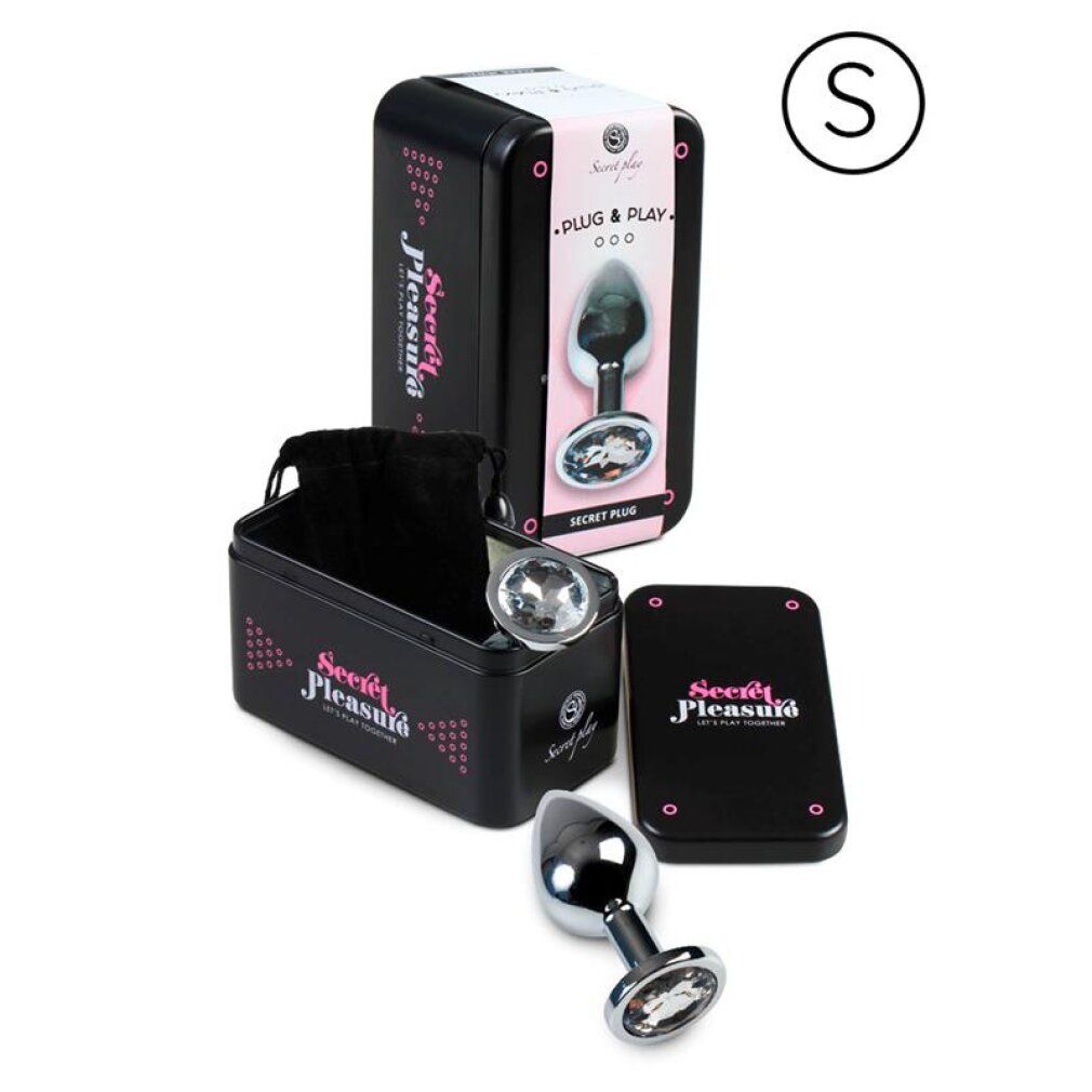 Plug anale in alluminio taglia S, confezionato in scatola metallica con accessori.